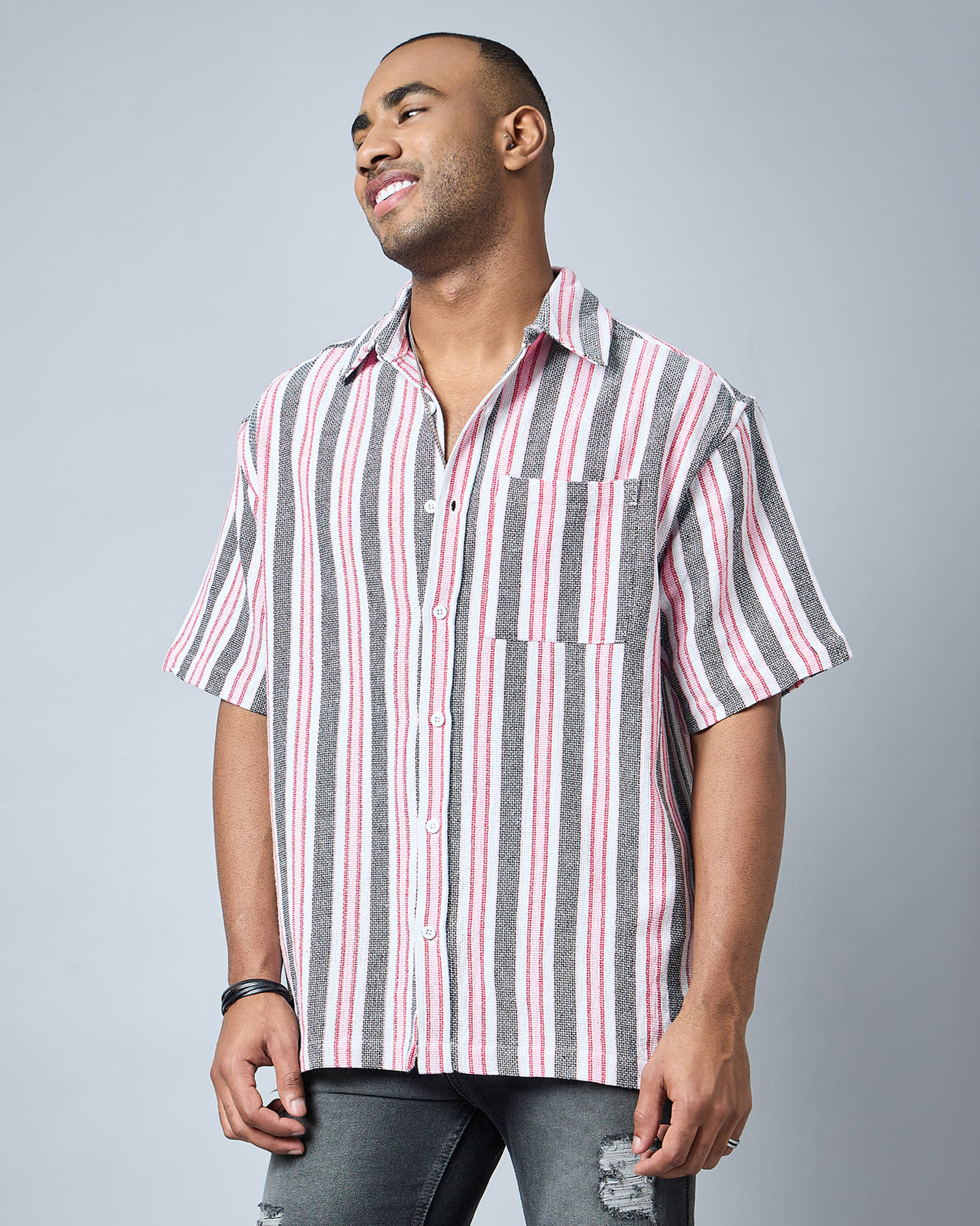 Chimpaaanzee Cotton Blend Oversized Fit Striped Half Sleeves Men's Casual Shirt - Black ( Pack of 1 ) Chimpaaanzee Cotton Blend Oversized Fit Striped Half Sleeves Men's Casual Shirt - Black ( Pack of 1 )
