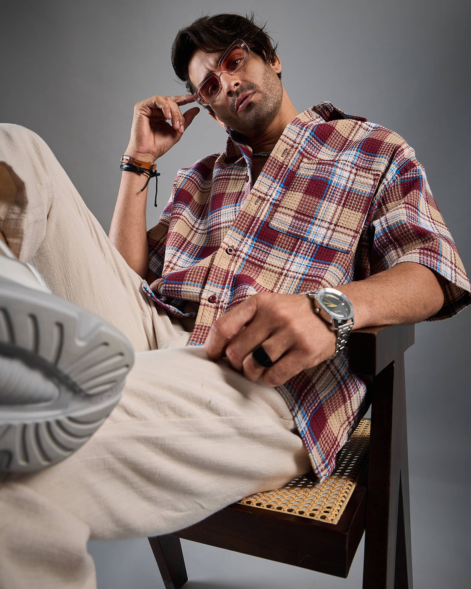     			Chimpaaanzee Cotton Blend Oversized Fit Checks Half Sleeves Men's Casual Shirt - Maroon ( Pack of 1 )