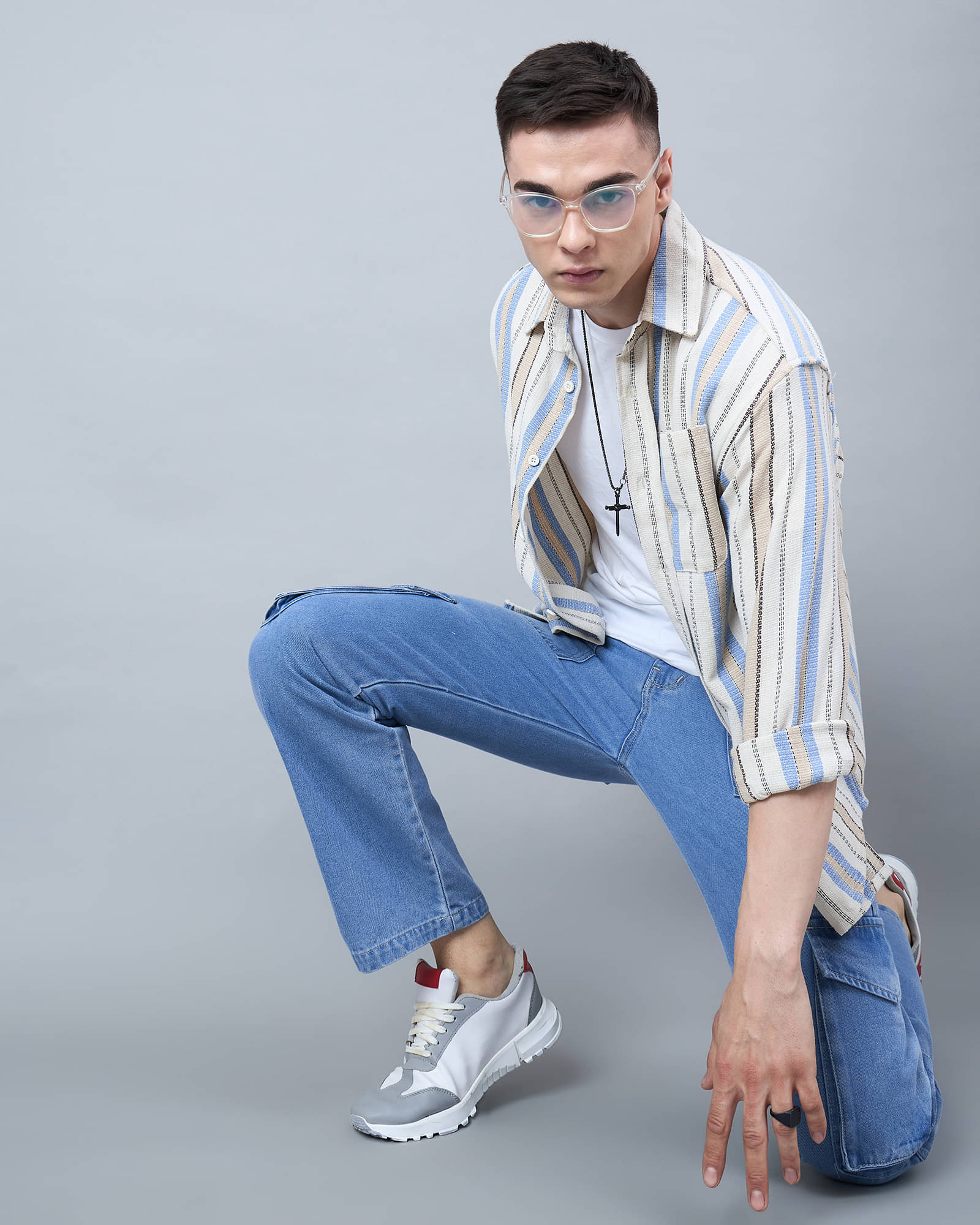 Chimpaaanzee Cotton Blend Oversized Fit Striped Full Sleeves Men's Casual Shirt - Beige ( Pack of 1 ) Chimpaaanzee Cotton Blend Oversized Fit Striped Full Sleeves Men's Casual Shirt - Beige ( Pack of 1 )