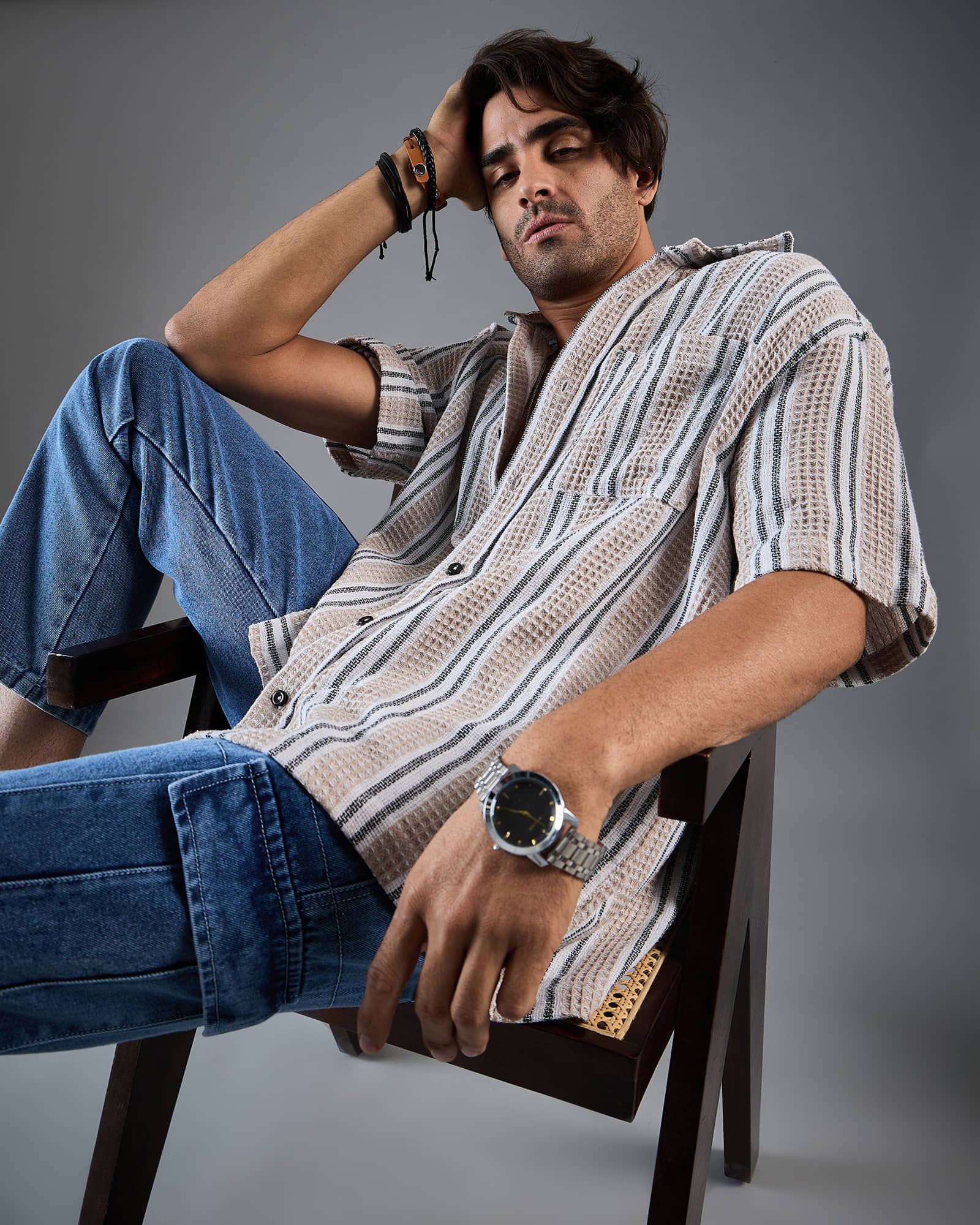 Chimpaaanzee Cotton Blend Oversized Fit Striped Half Sleeves Men's Casual Shirt - Beige ( Pack of 1 )