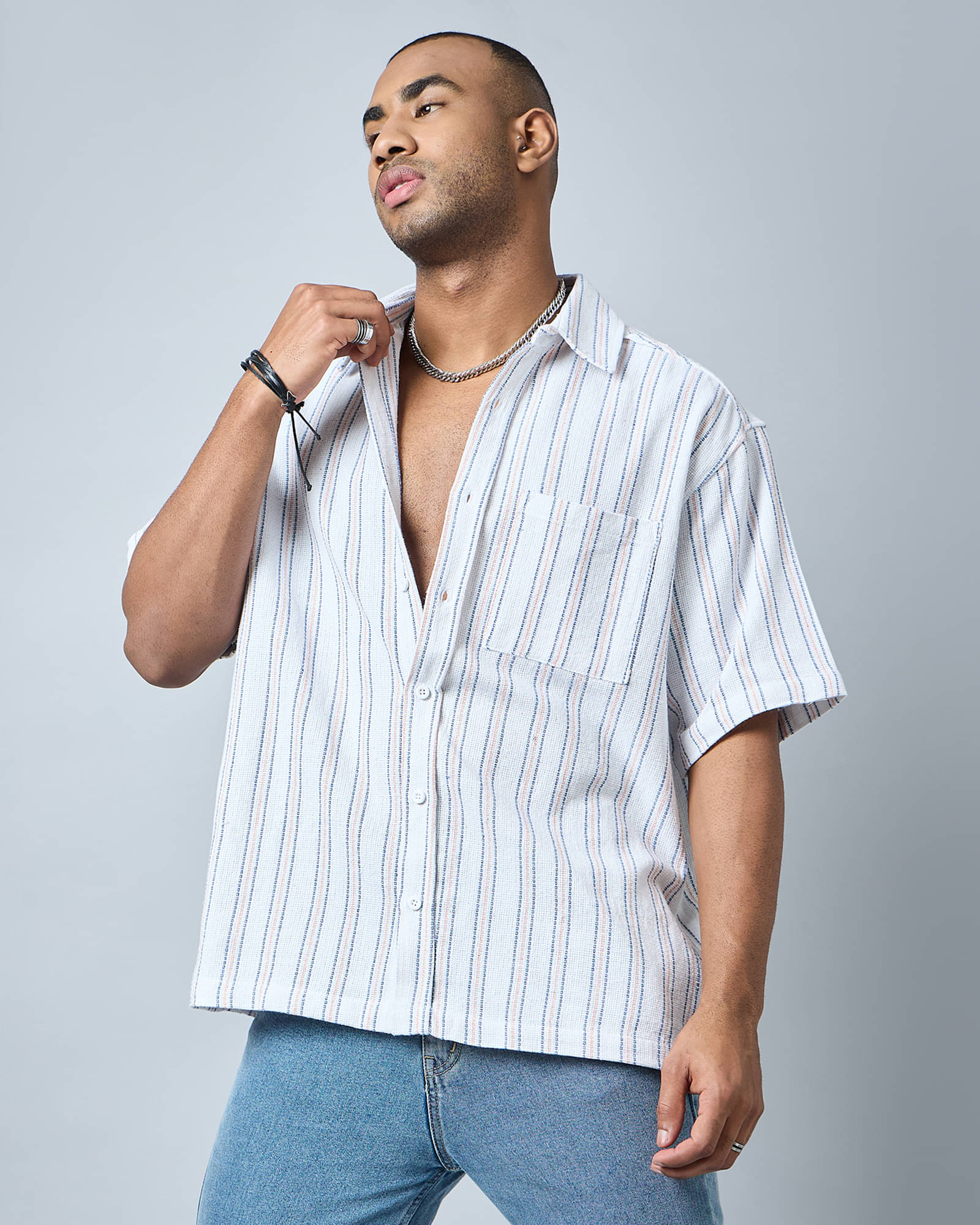 Chimpaaanzee Cotton Blend Oversized Fit Striped Half Sleeves Men's Casual Shirt - White ( Pack of 1 ) Chimpaaanzee Cotton Blend Oversized Fit Striped Half Sleeves Men's Casual Shirt - White ( Pack of 1 )