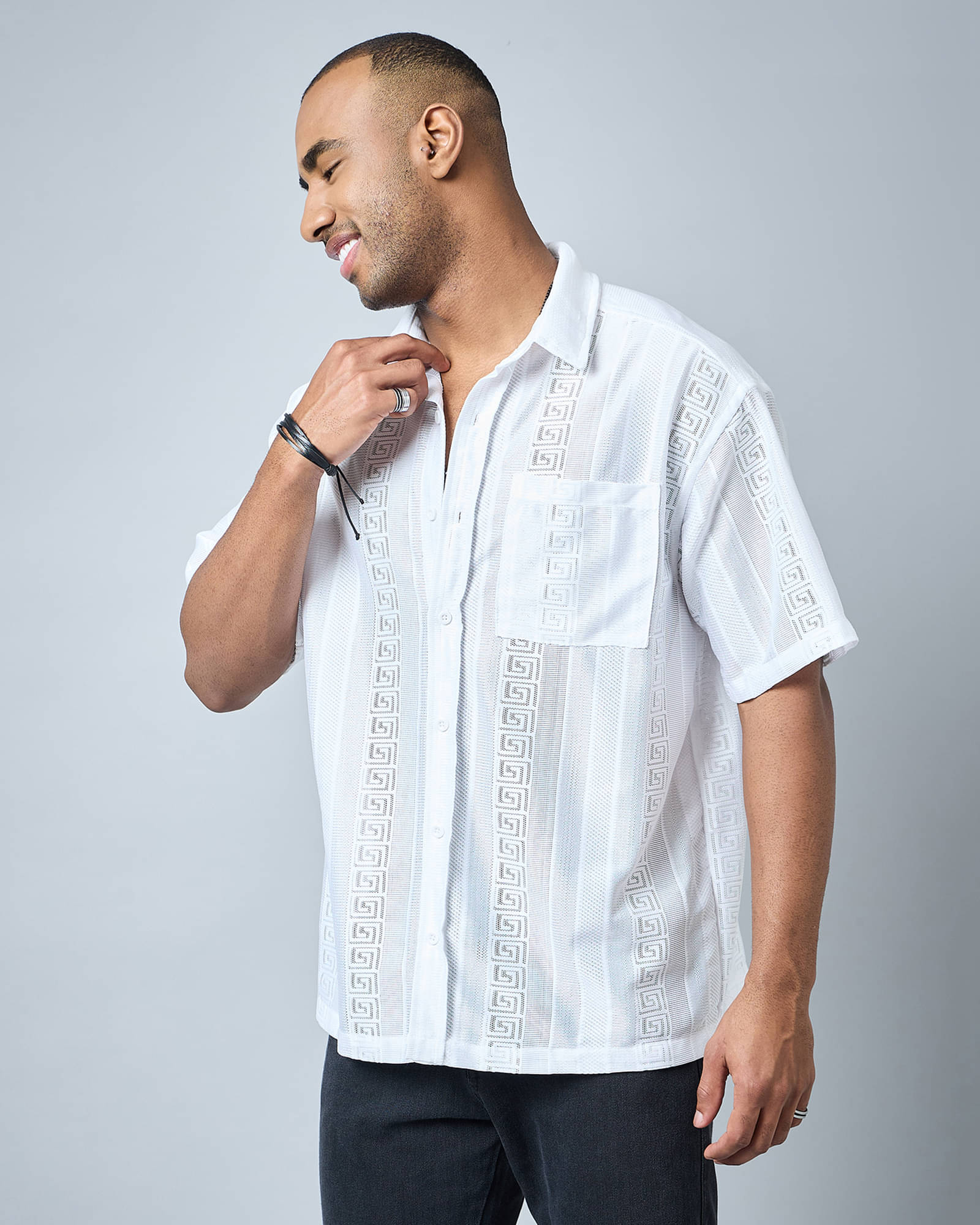 Chimpaaanzee Polyester Oversized Fit Self Design Half Sleeves Men's Casual Shirt - White ( Pack of 1 ) Chimpaaanzee Polyester Oversized Fit Self Design Half Sleeves Men's Casual Shirt - White ( Pack of 1 )