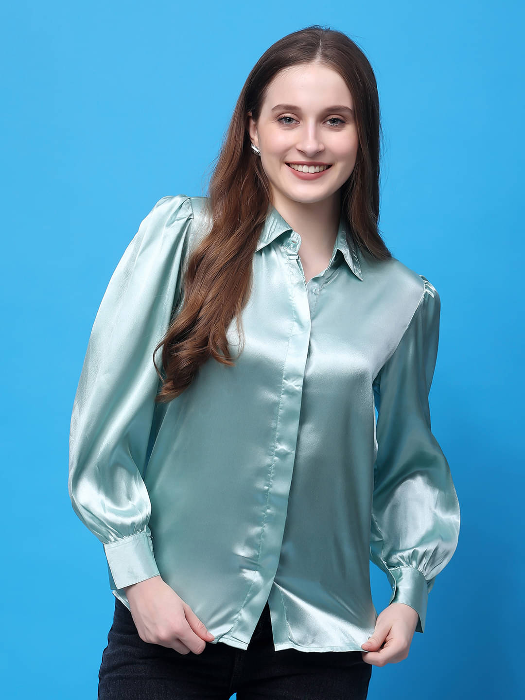 FASHJONS 360 Women Solid Satin Shirt ( Green ) FASHJONS 360 Women Solid Satin Shirt ( Green )
