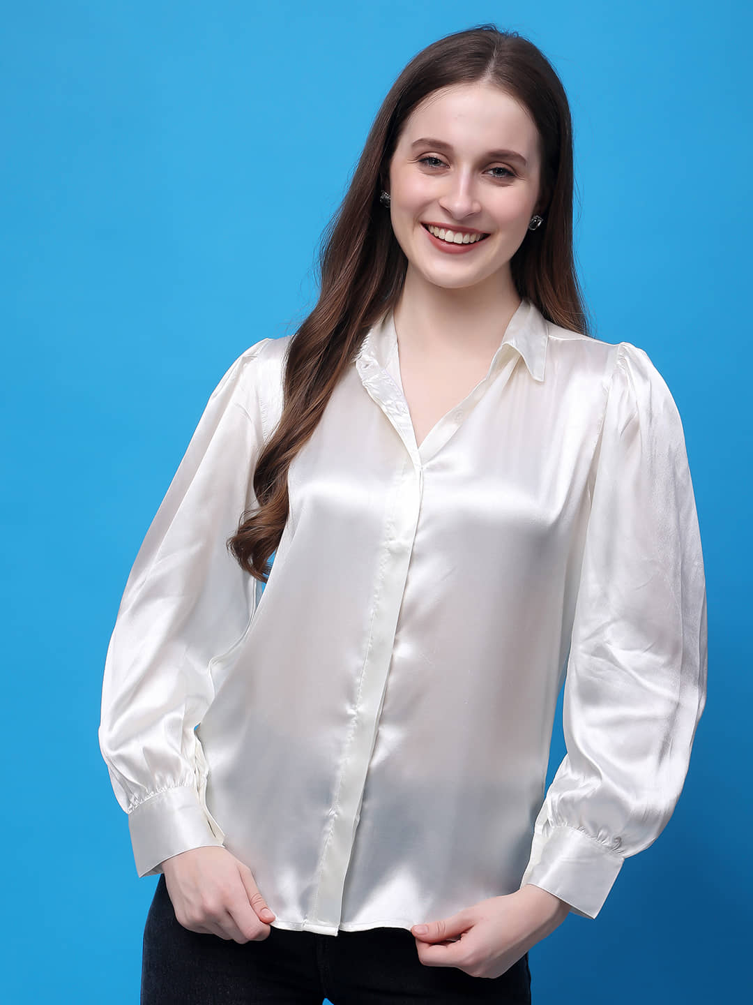FASHJONS 360 Women Solid Satin Shirt ( Off White )