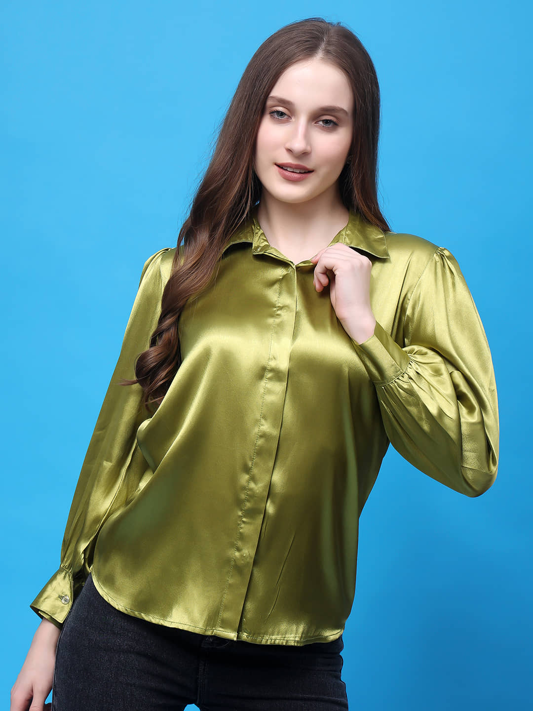 FASHJONS 360 Women Solid Satin Shirt ( Olive )