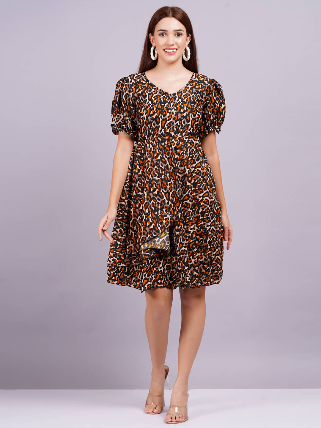 HIGHLIGHT FASHION EXPORT Women Crepe Printed Fit & Flare Dress ( Brown ) HIGHLIGHT FASHION EXPORT Women Crepe Printed Fit & Flare Dress ( Brown )