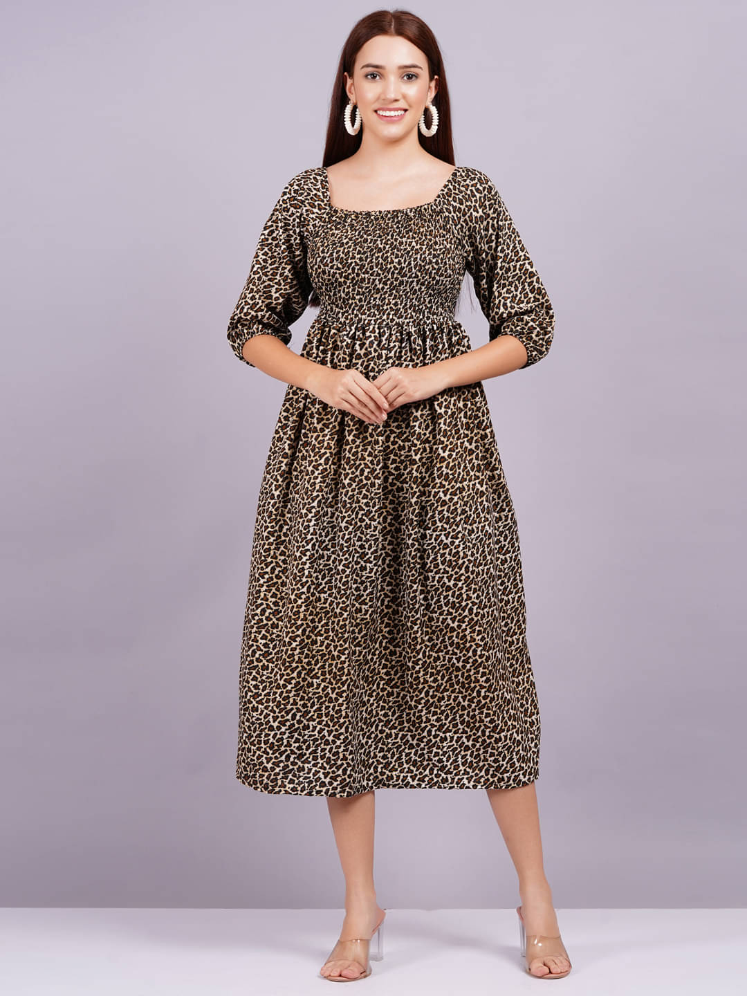 HIGHLIGHT FASHION EXPORT Women Crepe Printed Fit & Flare Dress ( Brown ) HIGHLIGHT FASHION EXPORT Women Crepe Printed Fit & Flare Dress ( Brown )