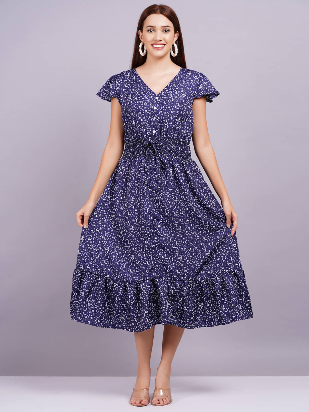 HIGHLIGHT FASHION EXPORT Women Crepe Printed Fit & Flare Dress ( Blue )