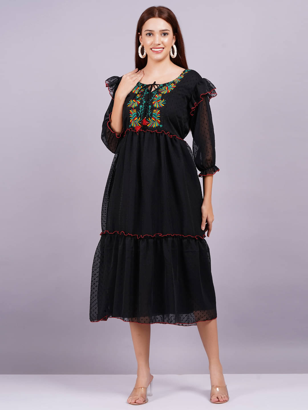 HIGHLIGHT FASHION EXPORT Women Georgette Solid Fit & Flare Dress ( Black ) HIGHLIGHT FASHION EXPORT Women Georgette Solid Fit & Flare Dress ( Black )