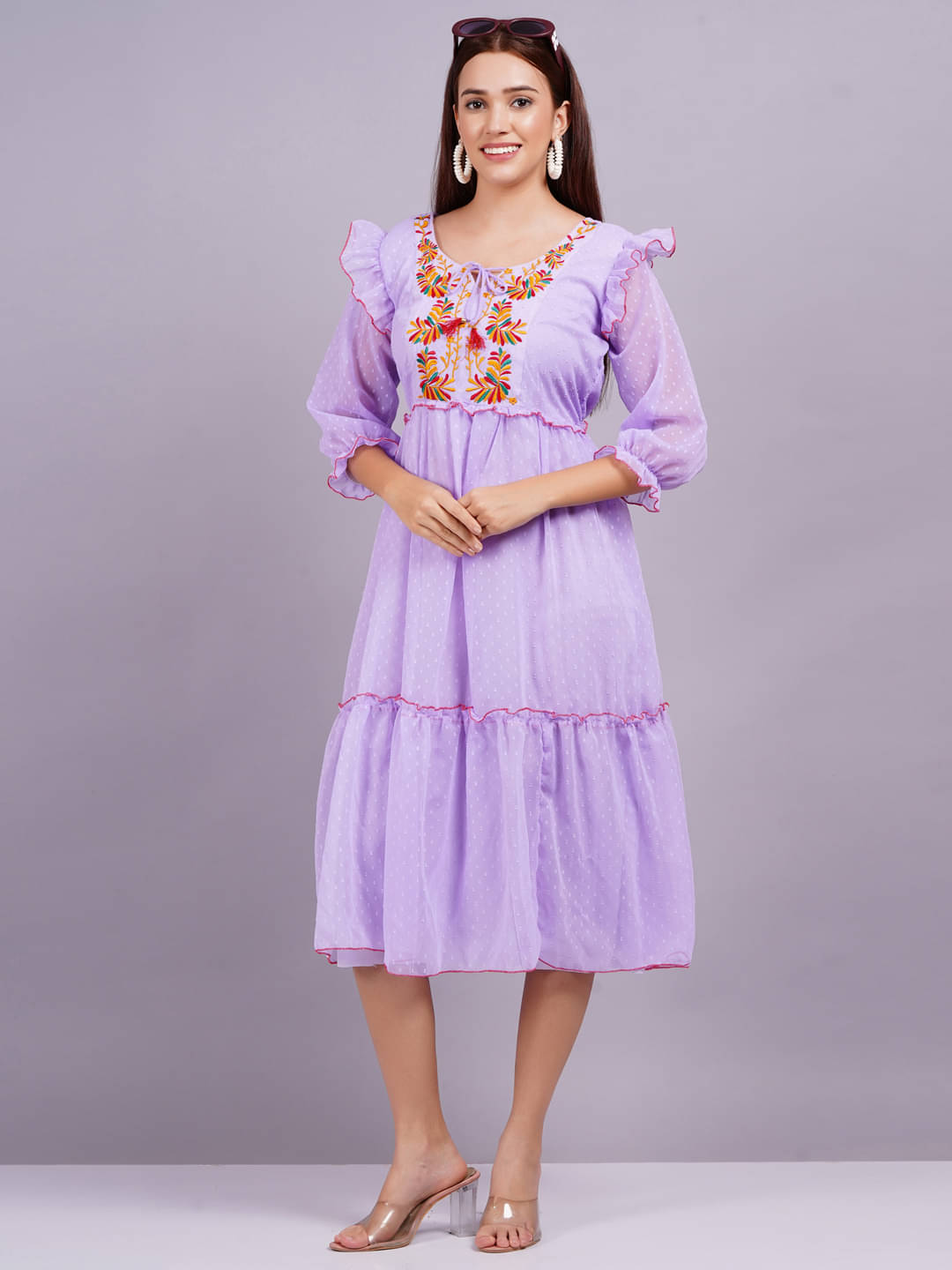     			HIGHLIGHT FASHION EXPORT Women Georgette Solid Fit & Flare Dress ( Purple )