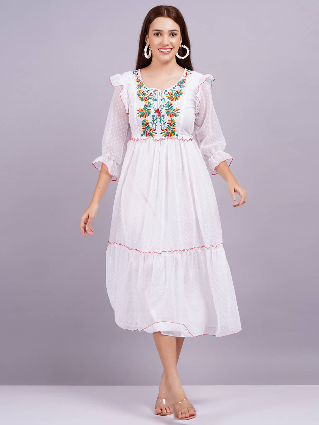 HIGHLIGHT FASHION EXPORT Women Georgette Solid Fit & Flare Dress ( White ) HIGHLIGHT FASHION EXPORT Women Georgette Solid Fit & Flare Dress ( White )