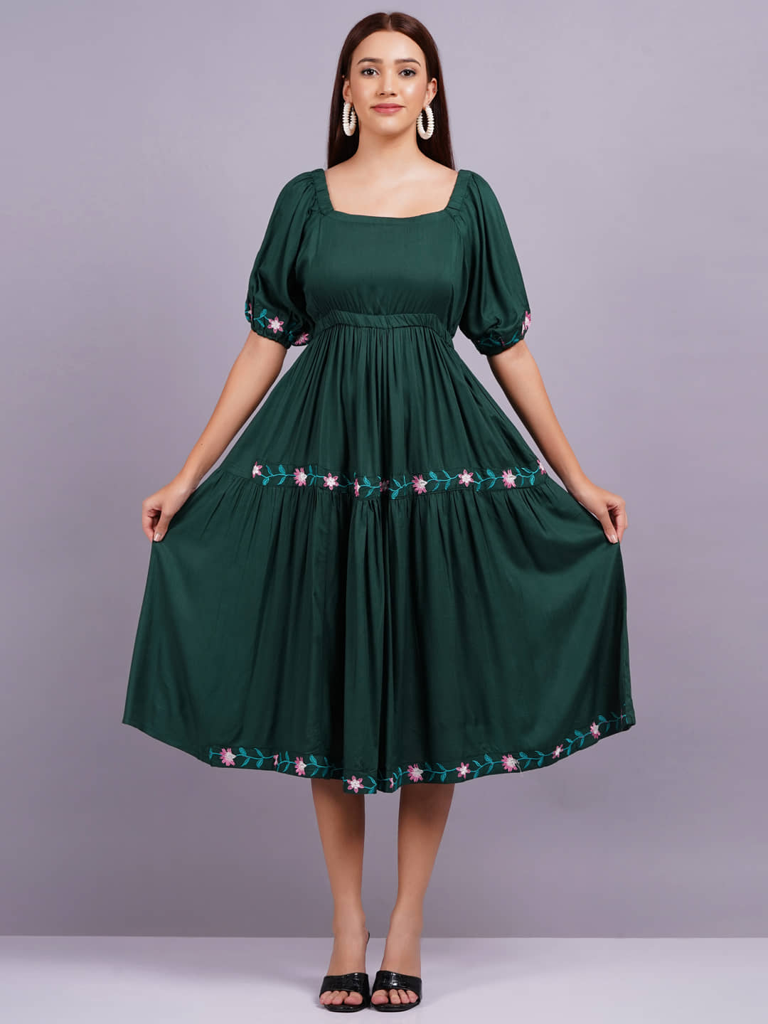 HIGHLIGHT FASHION EXPORT Women Rayon Solid Fit & Flare Dress ( Green )