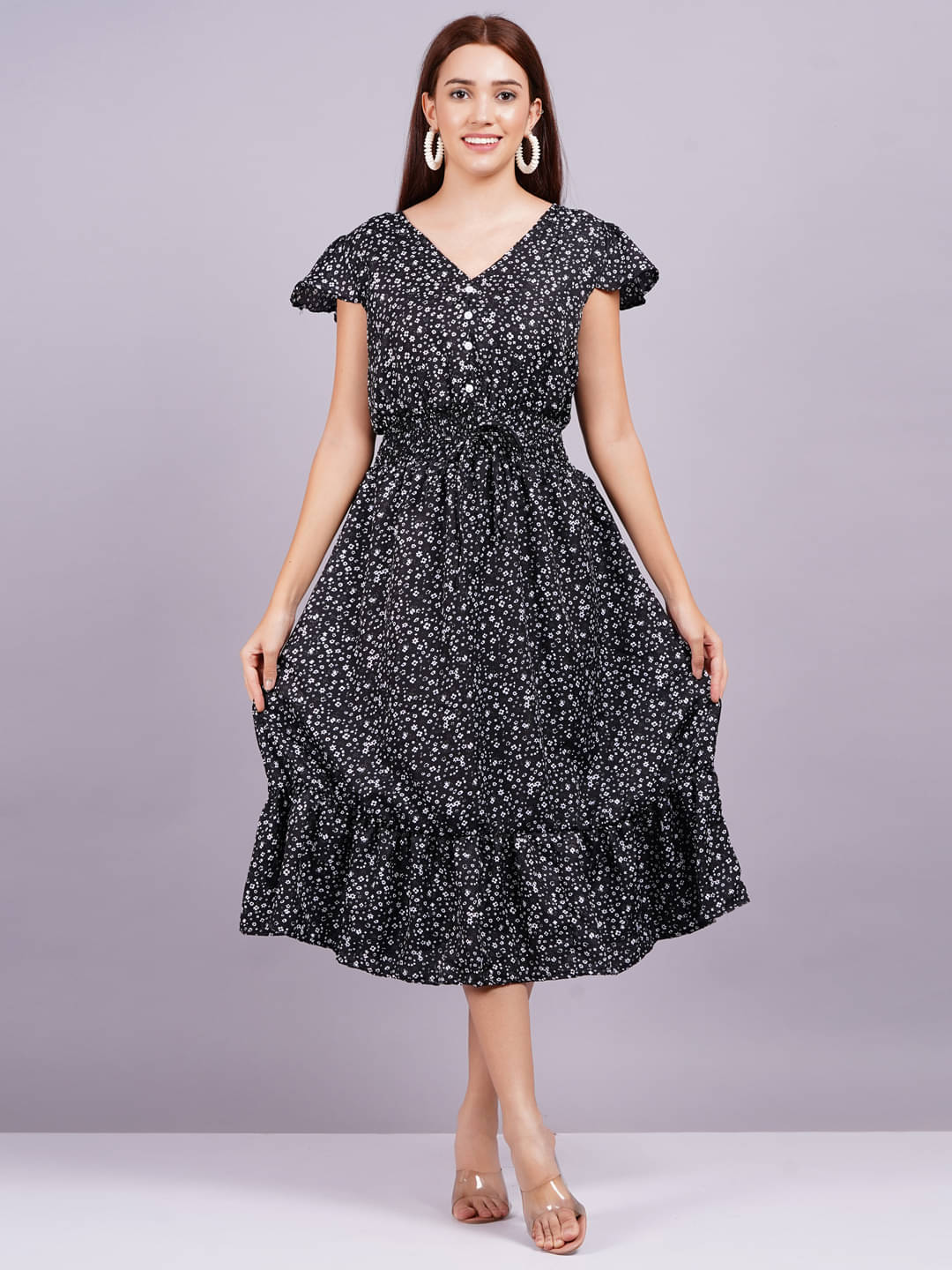 JAI SHIVAM TRADERS Women Crepe Printed Fit & Flare Dress ( Black ) JAI SHIVAM TRADERS Women Crepe Printed Fit & Flare Dress ( Black )
