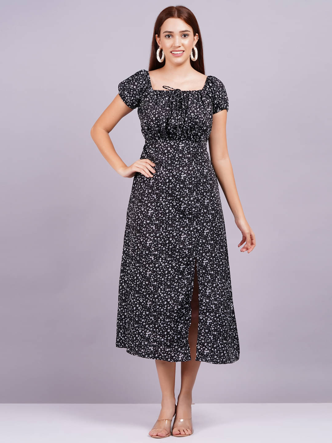 JAI SHIVAM TRADERS Women Crepe Printed Fit & Flare Dress ( Black ) JAI SHIVAM TRADERS Women Crepe Printed Fit & Flare Dress ( Black )