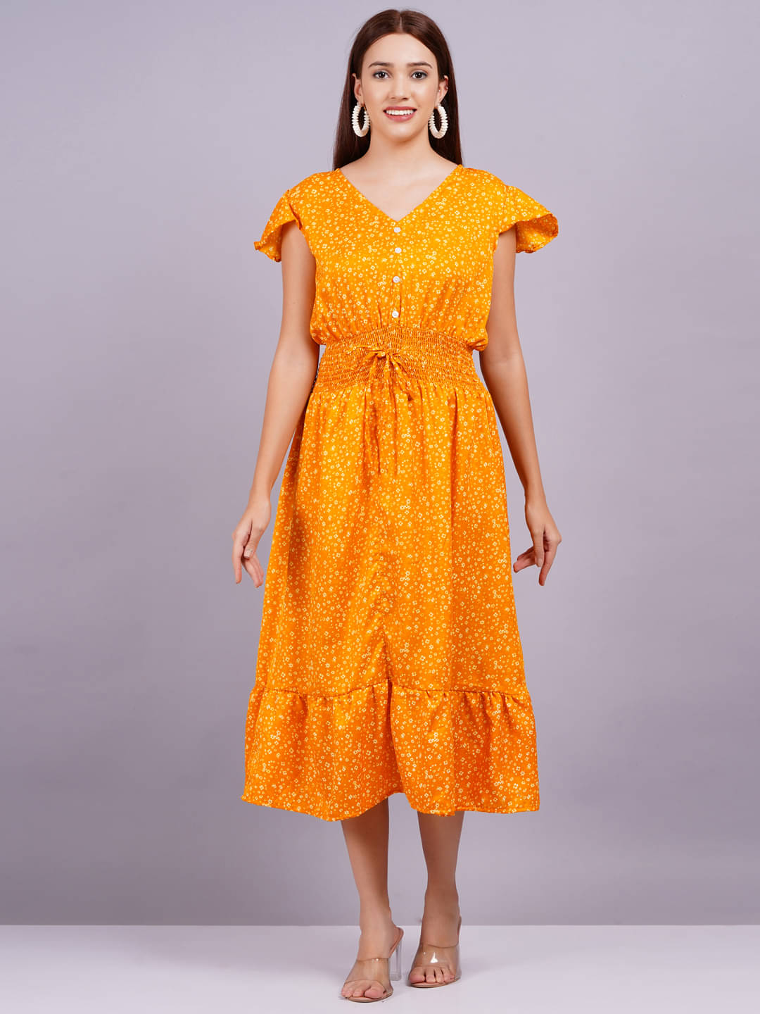 JAI SHIVAM TRADERS Women Crepe Printed Fit & Flare Dress ( Yellow ) JAI SHIVAM TRADERS Women Crepe Printed Fit & Flare Dress ( Yellow )