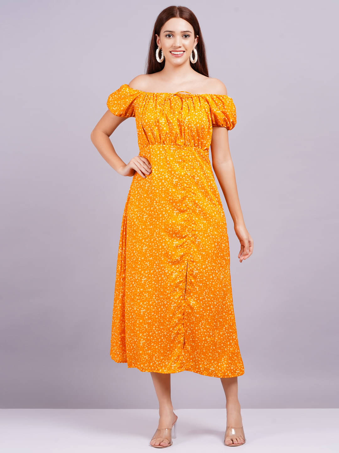 JAI SHIVAM TRADERS Women Crepe Printed Fit & Flare Dress ( Yellow ) JAI SHIVAM TRADERS Women Crepe Printed Fit & Flare Dress ( Yellow )
