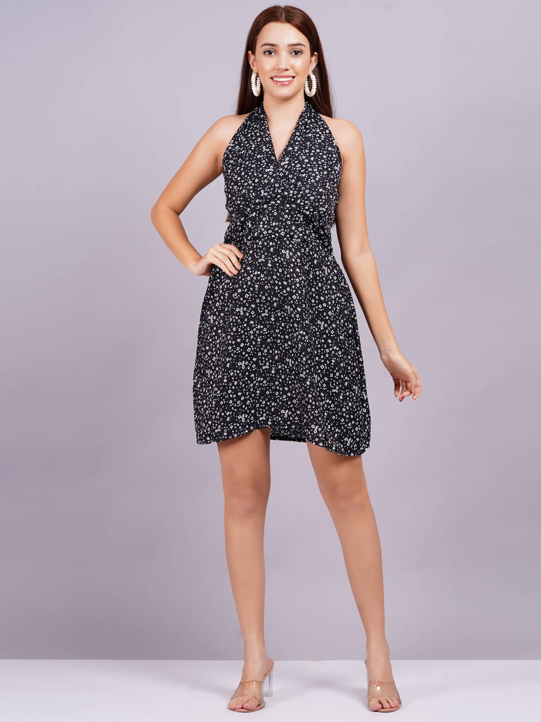 JAI SHIVAM TRADERS Women Crepe Printed Fit & Flare Dress ( Black ) JAI SHIVAM TRADERS Women Crepe Printed Fit & Flare Dress ( Black )