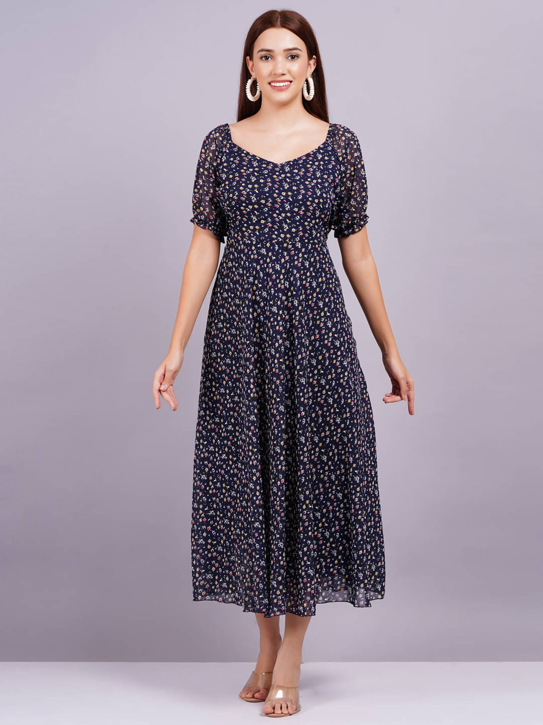 JAI SHIVAM TRADERS Women Georgette Printed Fit & Flare Dress ( Blue ) JAI SHIVAM TRADERS Women Georgette Printed Fit & Flare Dress ( Blue )