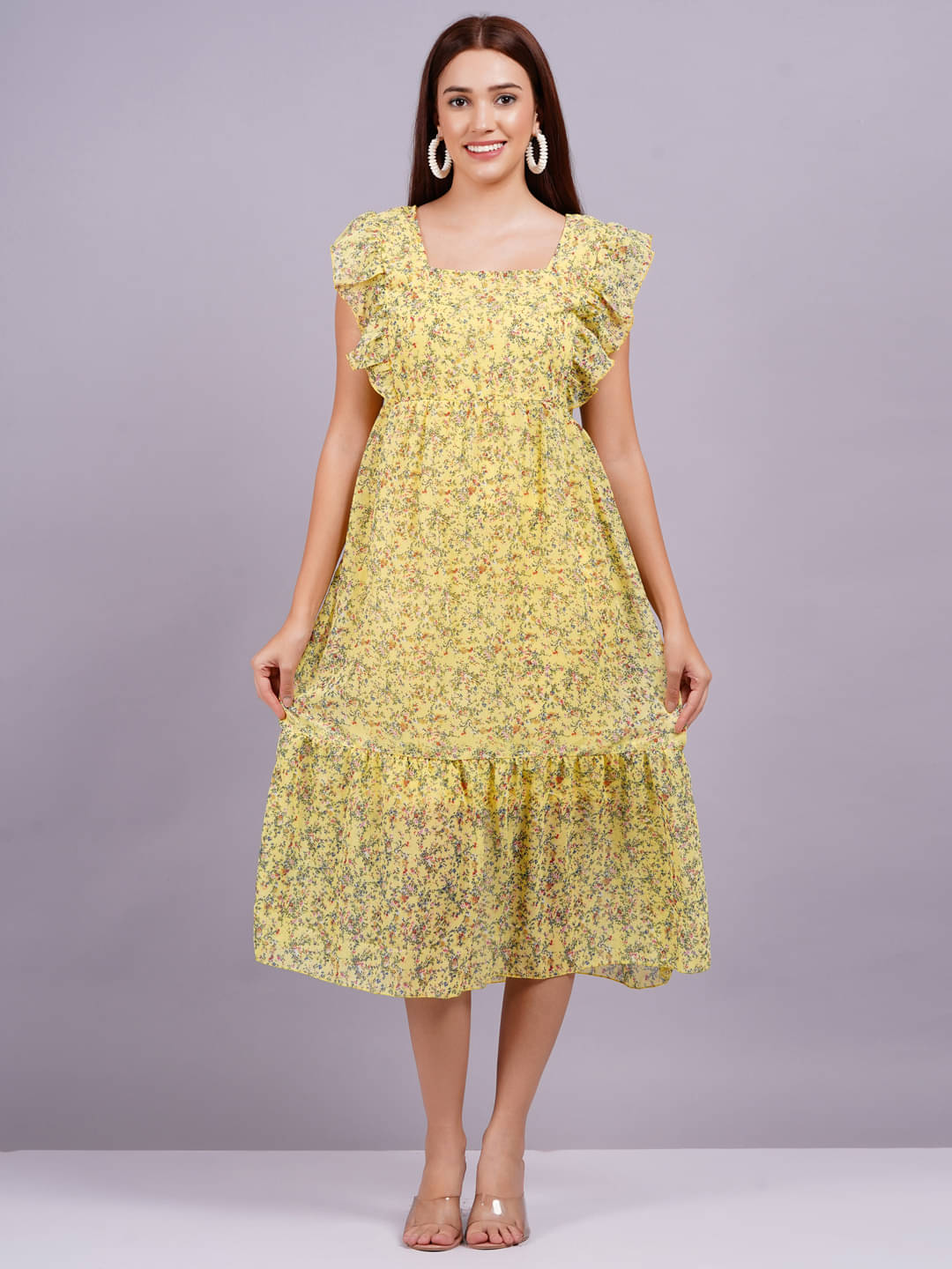 JAI SHIVAM TRADERS Georgette Printed Midi Women's Fit & Flare Dress - Yellow ( Pack of 1 ) JAI SHIVAM TRADERS Georgette Printed Midi Women's Fit & Flare Dress - Yellow ( Pack of 1 )
