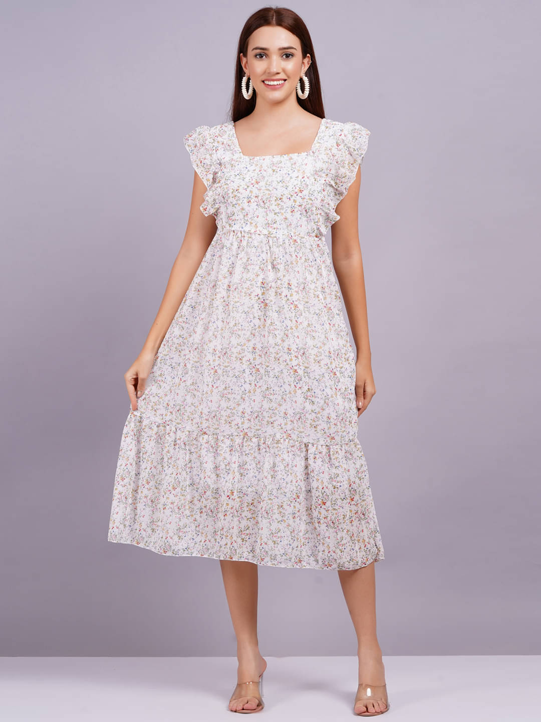 JAI SHIVAM TRADERS Women Georgette Printed Fit & Flare Dress ( White )     			JAI SHIVAM TRADERS Women Georgette Printed Fit & Flare Dress ( White )