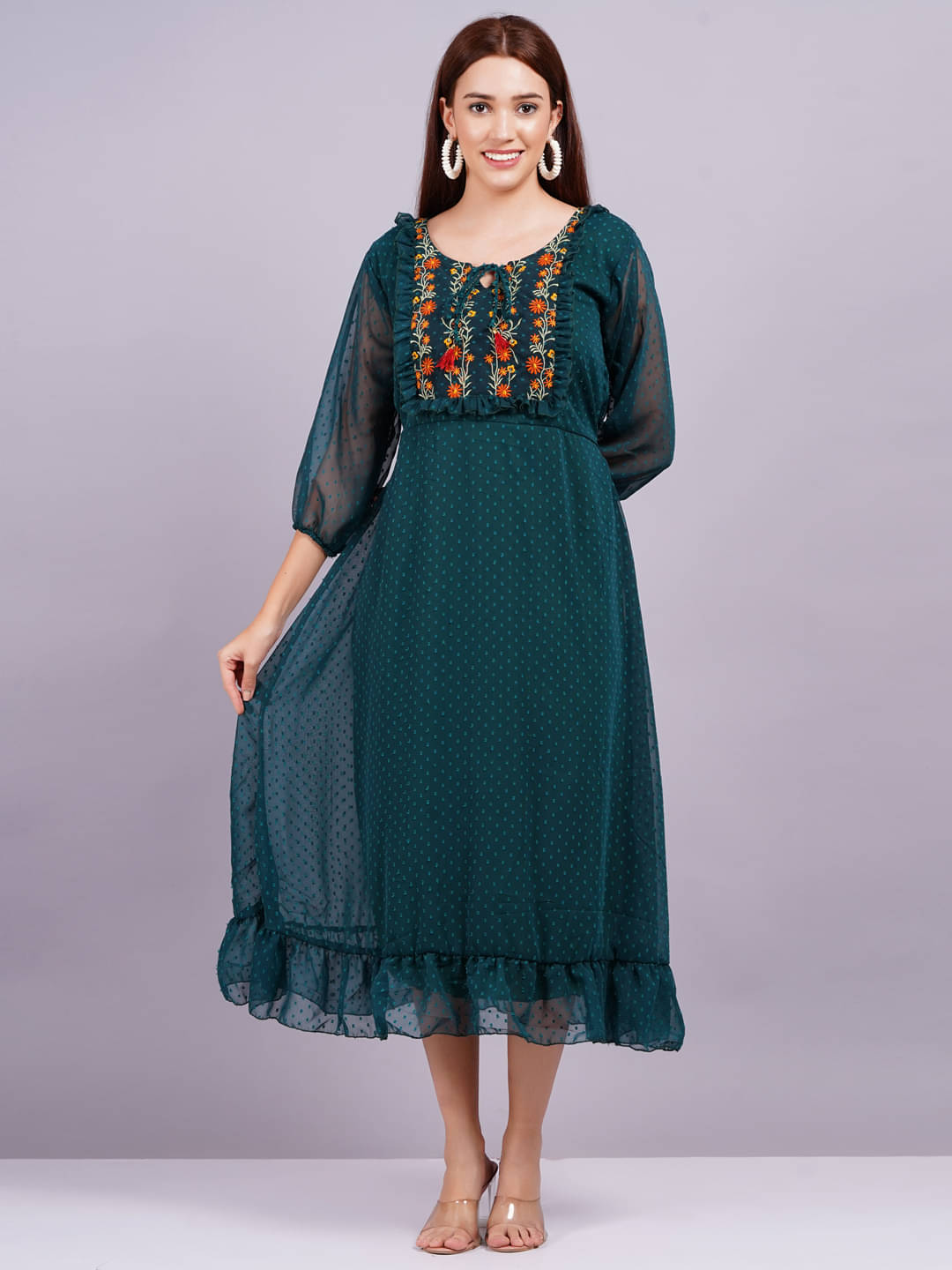 JAI SHIVAM TRADERS Women Georgette Solid Fit & Flare Dress ( Green ) JAI SHIVAM TRADERS Women Georgette Solid Fit & Flare Dress ( Green )