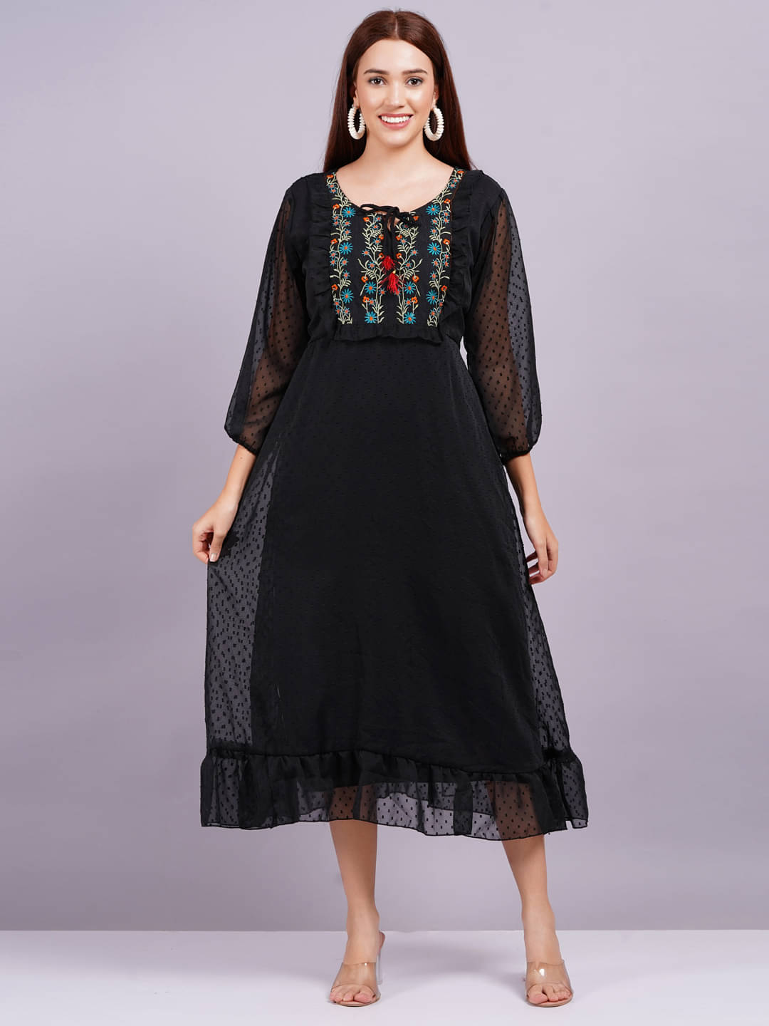 JAI SHIVAM TRADERS Women Georgette Solid Fit & Flare Dress ( Black ) JAI SHIVAM TRADERS Women Georgette Solid Fit & Flare Dress ( Black )