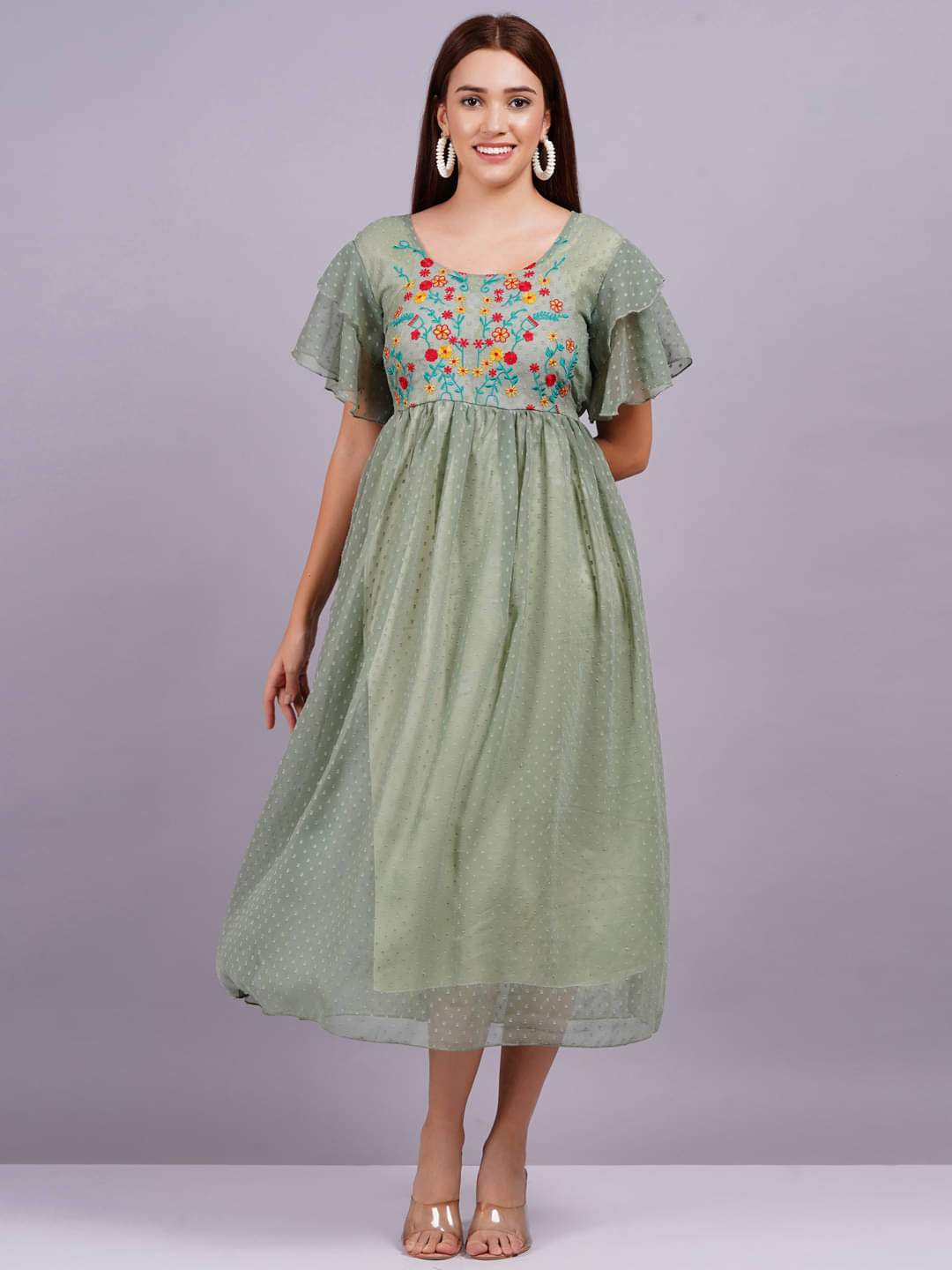 JAI SHIVAM TRADERS Women Georgette Solid Fit & Flare Dress ( Green ) JAI SHIVAM TRADERS Women Georgette Solid Fit & Flare Dress ( Green )