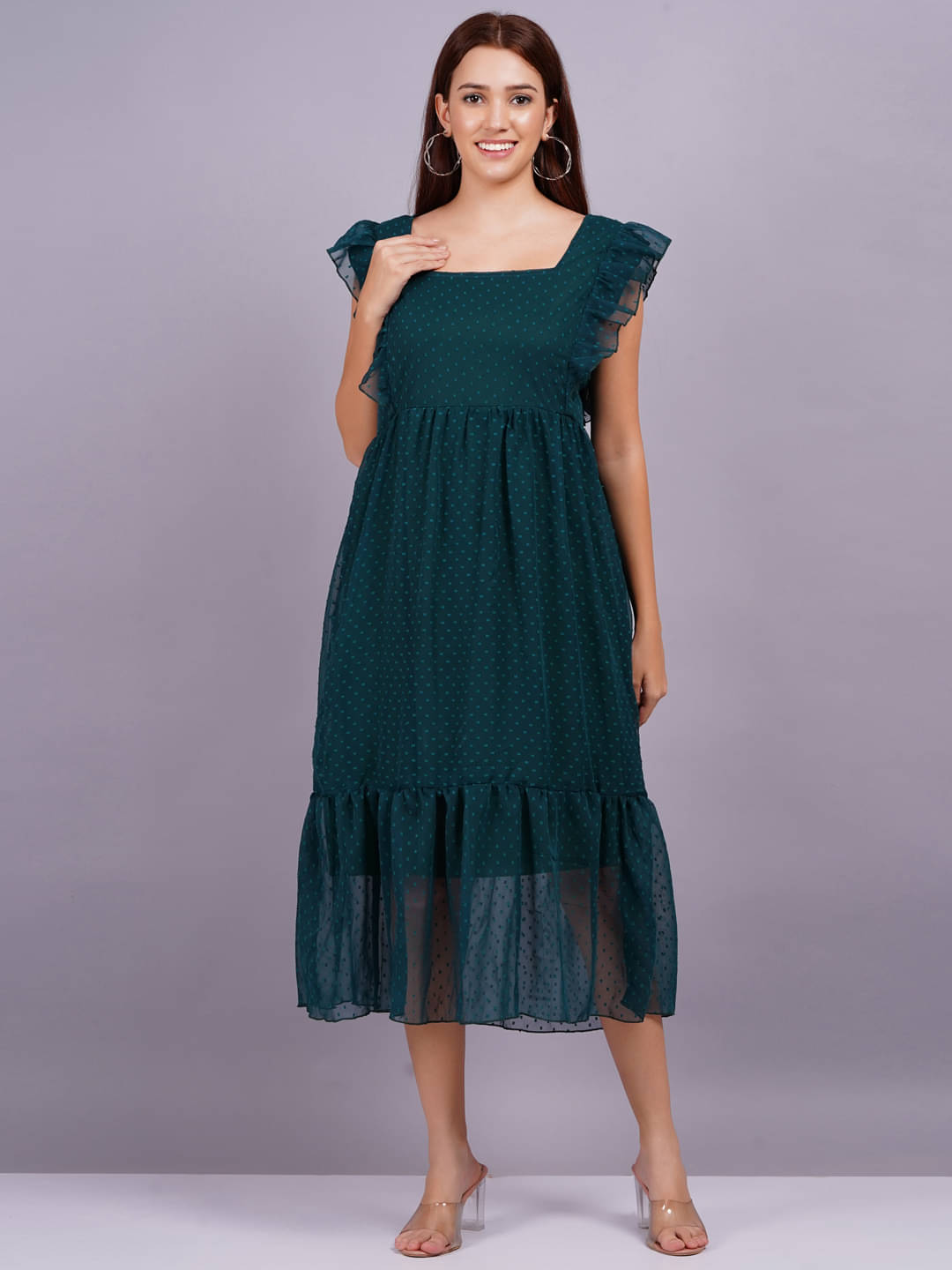 JAI SHIVAM TRADERS Women Georgette Solid Fit & Flare Dress ( Green ) JAI SHIVAM TRADERS Women Georgette Solid Fit & Flare Dress ( Green )
