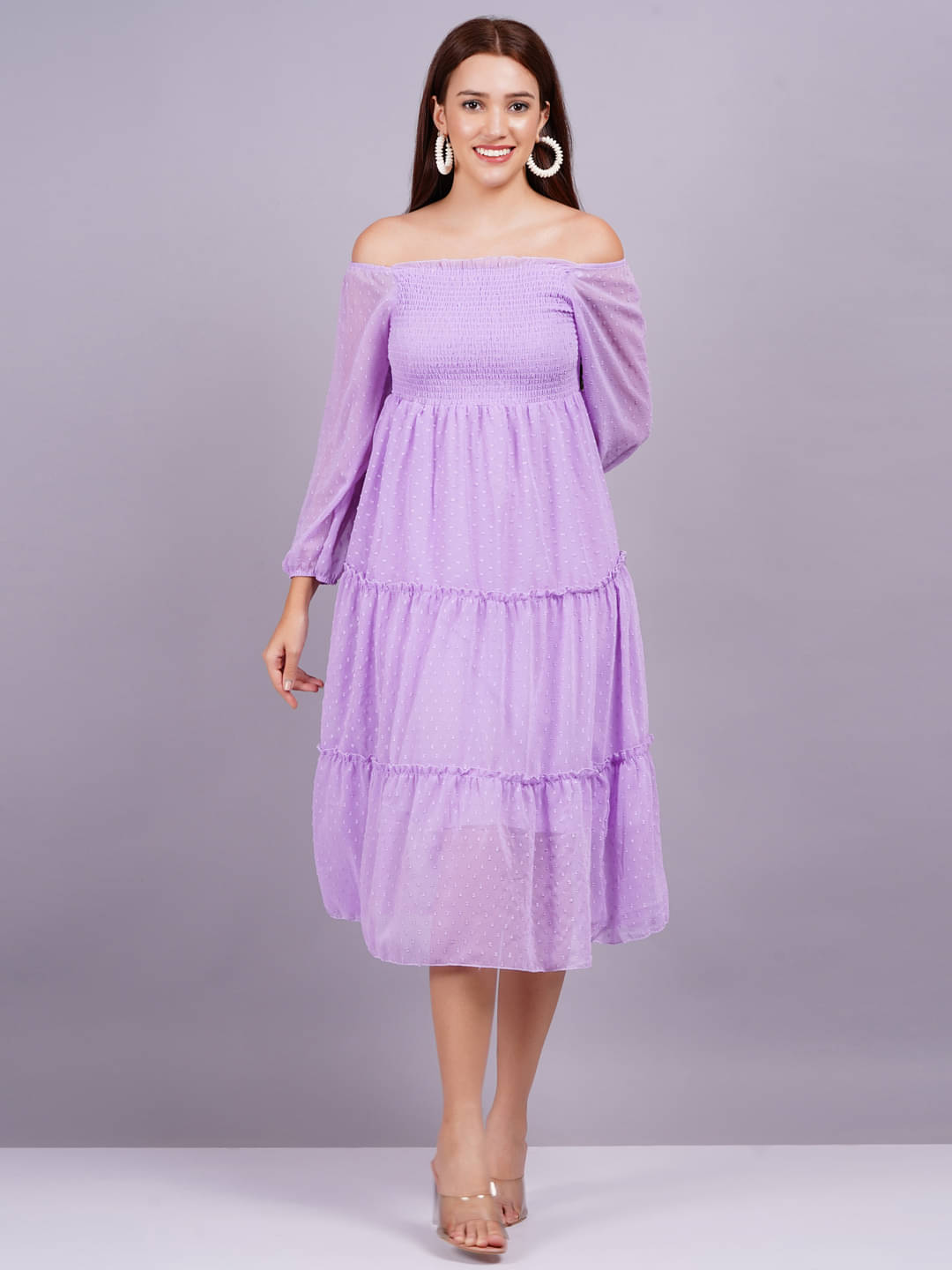 JAI SHIVAM TRADERS Women Georgette Solid Fit & Flare Dress ( Purple ) JAI SHIVAM TRADERS Women Georgette Solid Fit & Flare Dress ( Purple )