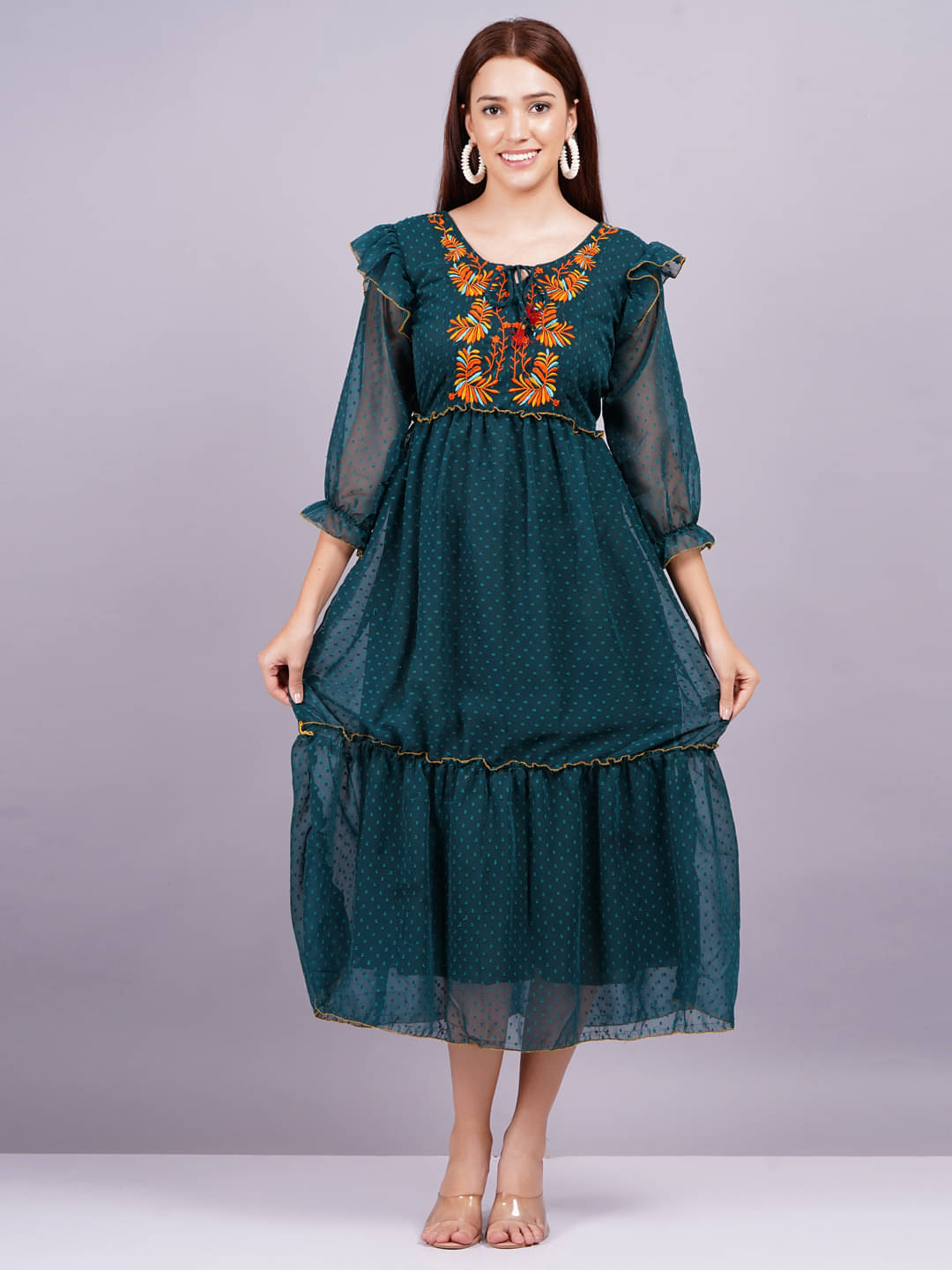 JAI SHIVAM TRADERS Women Georgette Solid Fit & Flare Dress ( Green ) JAI SHIVAM TRADERS Women Georgette Solid Fit & Flare Dress ( Green )