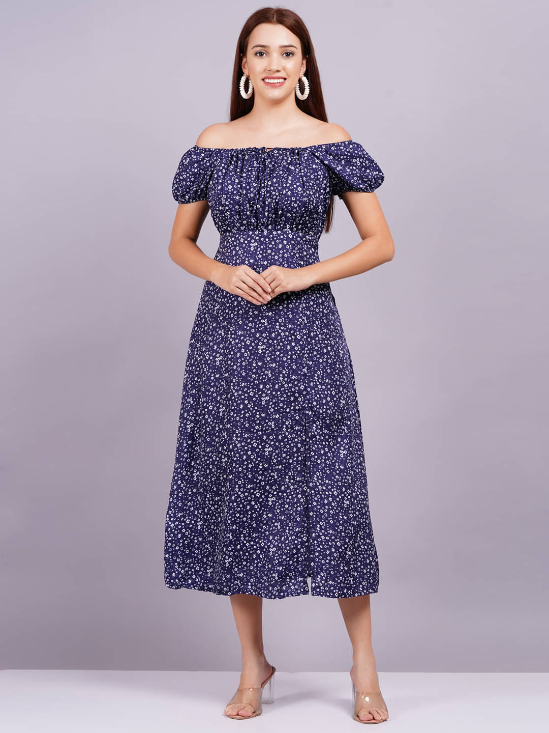 Jyoti Saree Women Crepe Printed Fit & Flare Dress ( Blue ) Jyoti Saree Women Crepe Printed Fit & Flare Dress ( Blue )