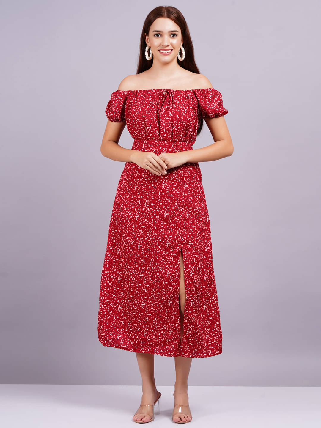Jyoti Saree Women Crepe Printed Fit & Flare Dress ( Red ) Jyoti Saree Women Crepe Printed Fit & Flare Dress ( Red )