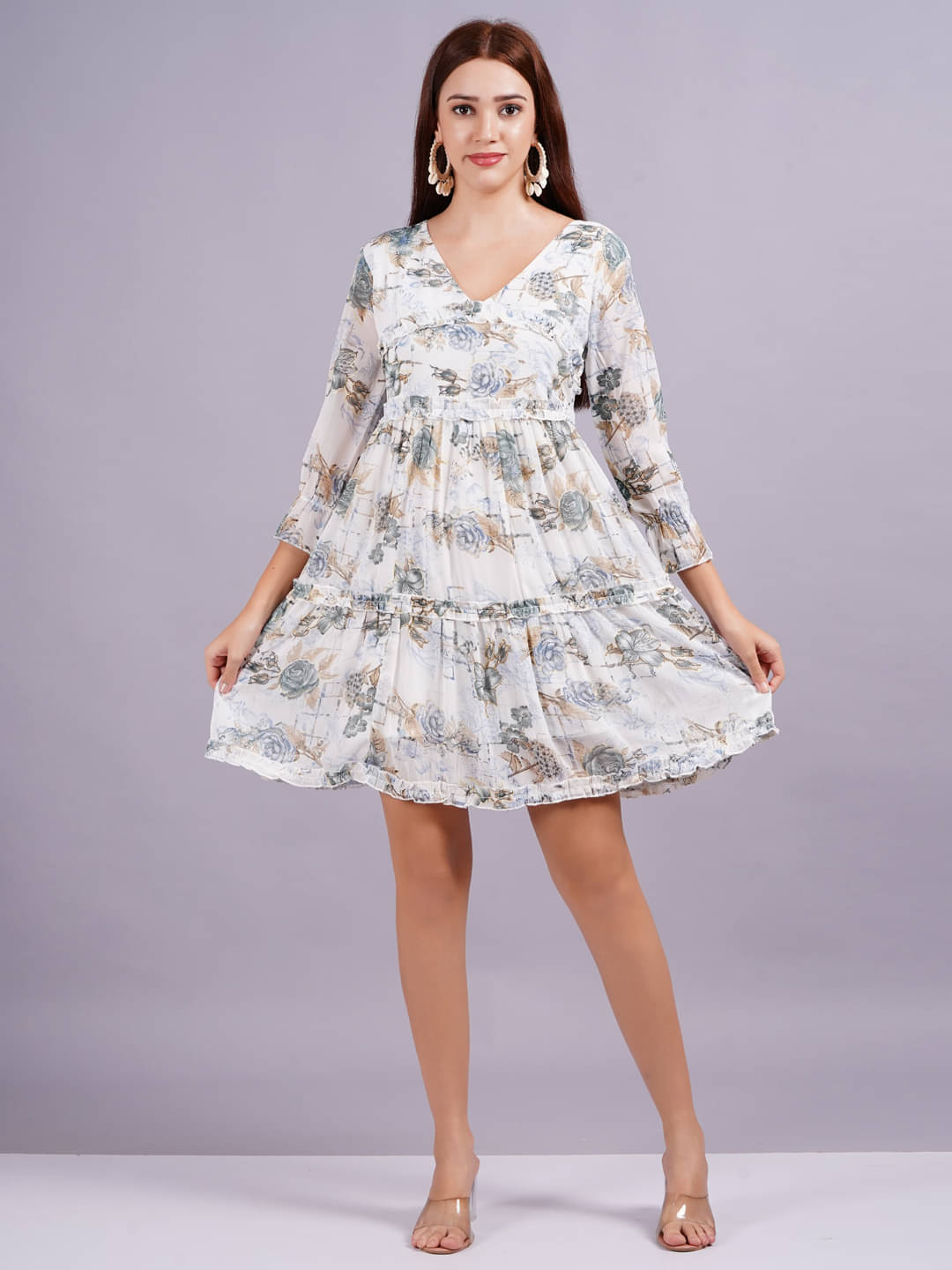 Jyoti Saree Women Georgette Printed Fit & Flare Dress ( Grey ) Jyoti Saree Women Georgette Printed Fit & Flare Dress ( Grey )