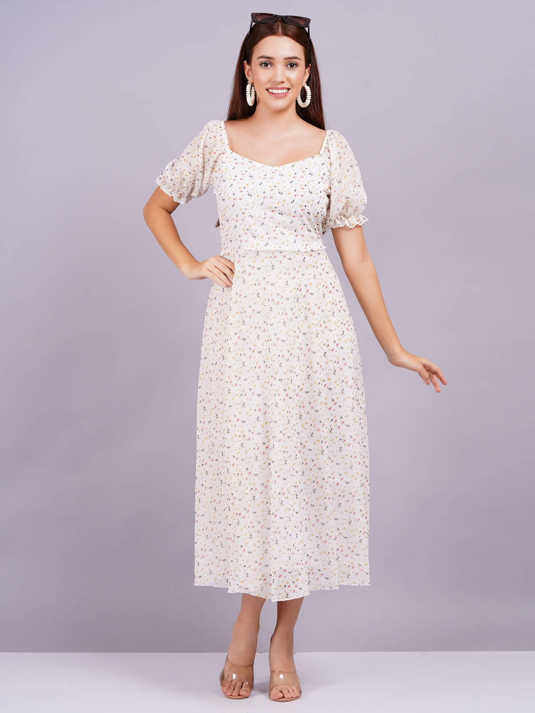 Jyoti Saree Women Georgette Printed Fit & Flare Dress ( White ) Jyoti Saree Women Georgette Printed Fit & Flare Dress ( White )