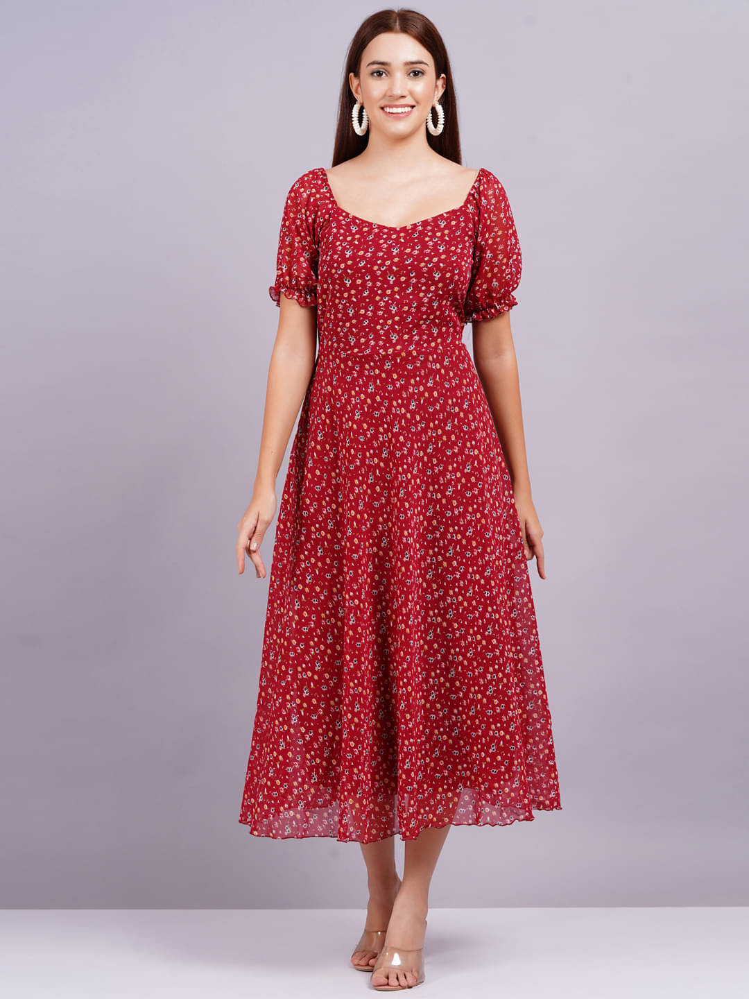 Jyoti Saree Women Georgette Printed Fit & Flare Dress ( Red ) Jyoti Saree Women Georgette Printed Fit & Flare Dress ( Red )