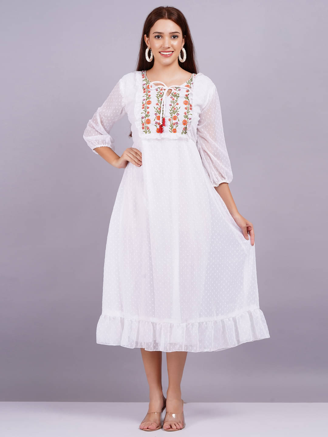Jyoti Saree Women Georgette Solid Fit & Flare Dress ( White ) Jyoti Saree Women Georgette Solid Fit & Flare Dress ( White )