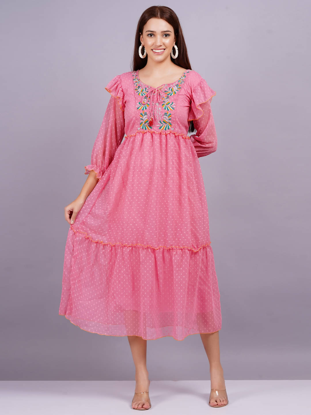     			Jyoti Saree Women Georgette Solid Fit & Flare Dress ( Pink )