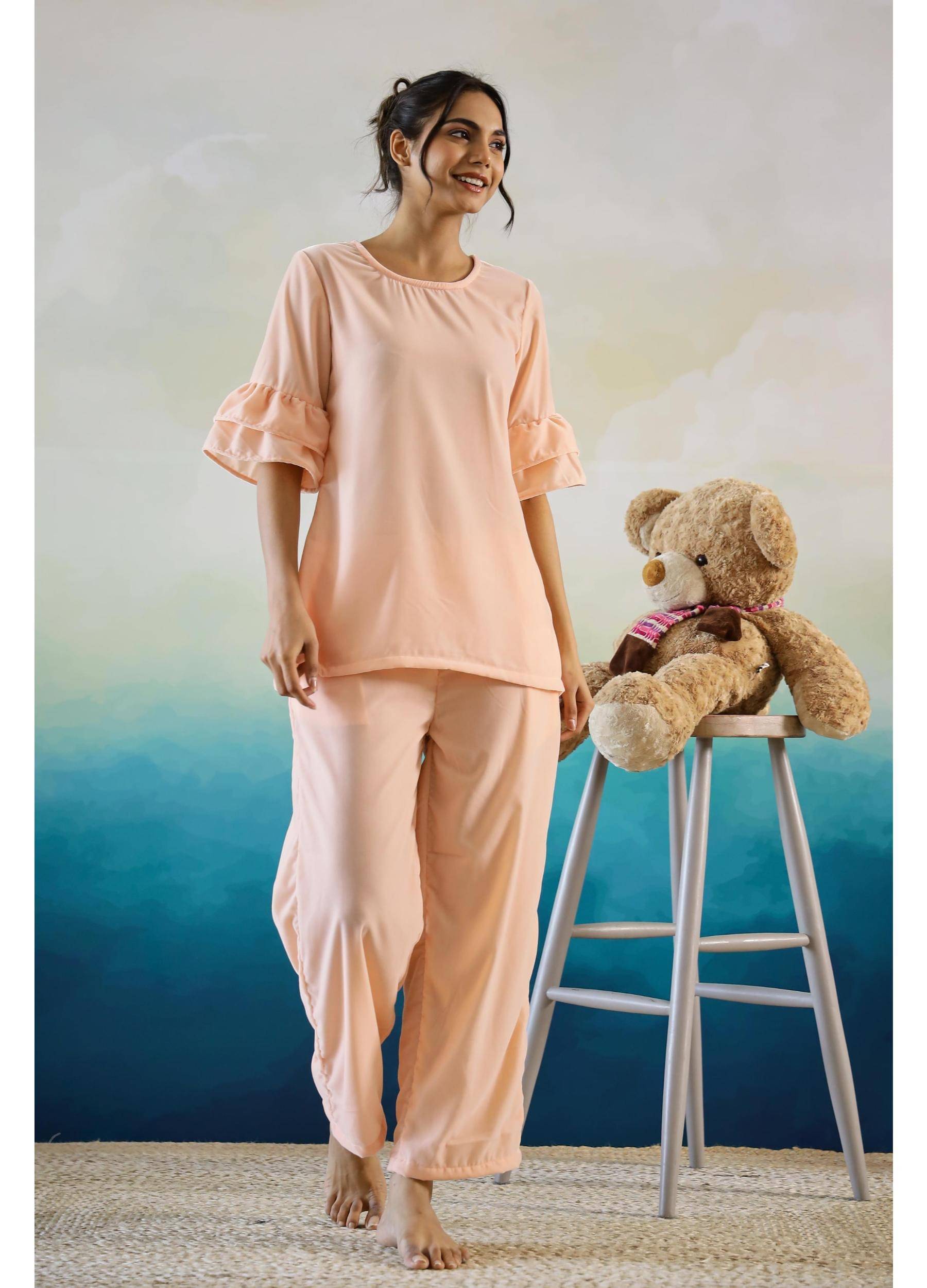     			Label Flavia Women Solid Top With Trousers Co-Ord Set ( Peach )