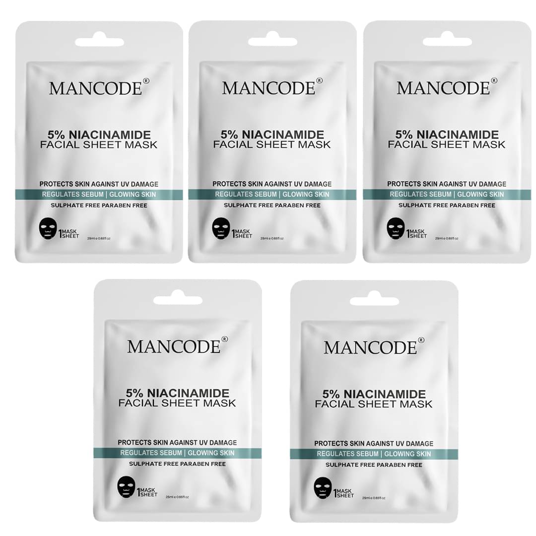     			Mancode 5% Niacinamide Acid Facial Sheet Mask 25ml , Daily Glow , Korean Sheet Mask (Pack of 5)