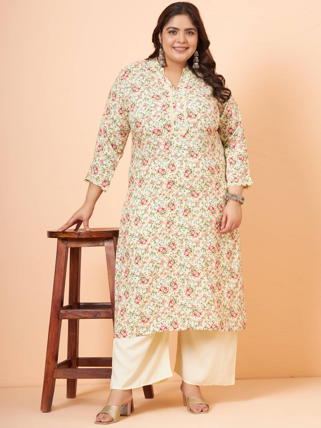     			Tissu Rayon Printed Kurti With Palazzo Women's Stitched Salwar Suit - Cream ( Pack of 1 )