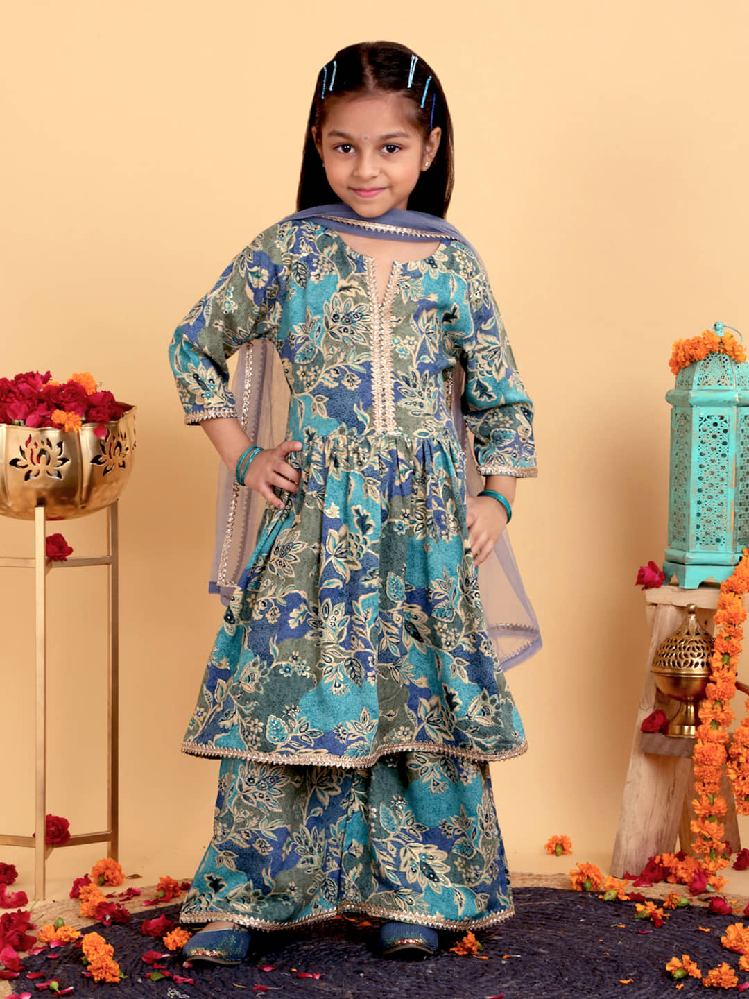 Trampoline Girls Cotton Kurta and Pant Set ( Pack of 1 , Blue )
