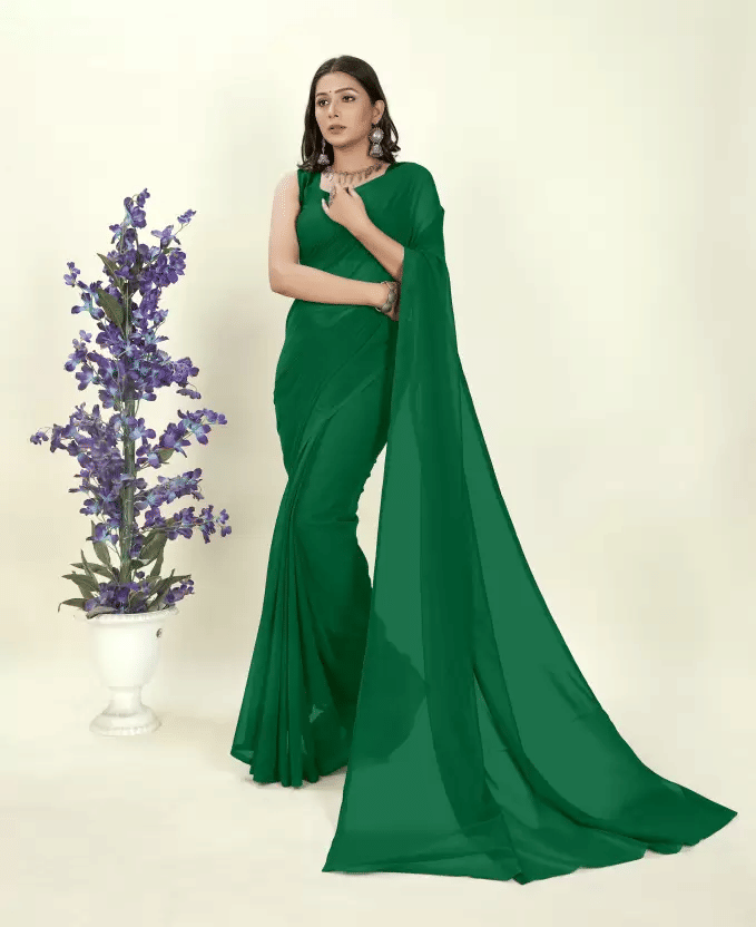     			ASTYLOR Georgette Solid Saree Without Blouse Piece ( Green )