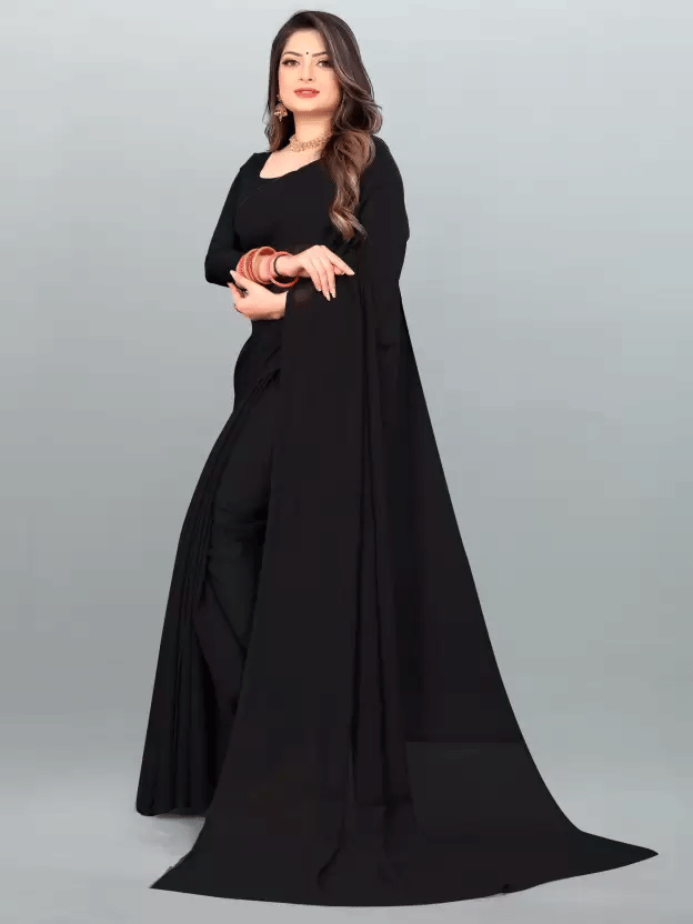 ASTYLOR Georgette Solid Saree Without Blouse Piece ( Black ) ASTYLOR Georgette Solid Saree Without Blouse Piece ( Black )