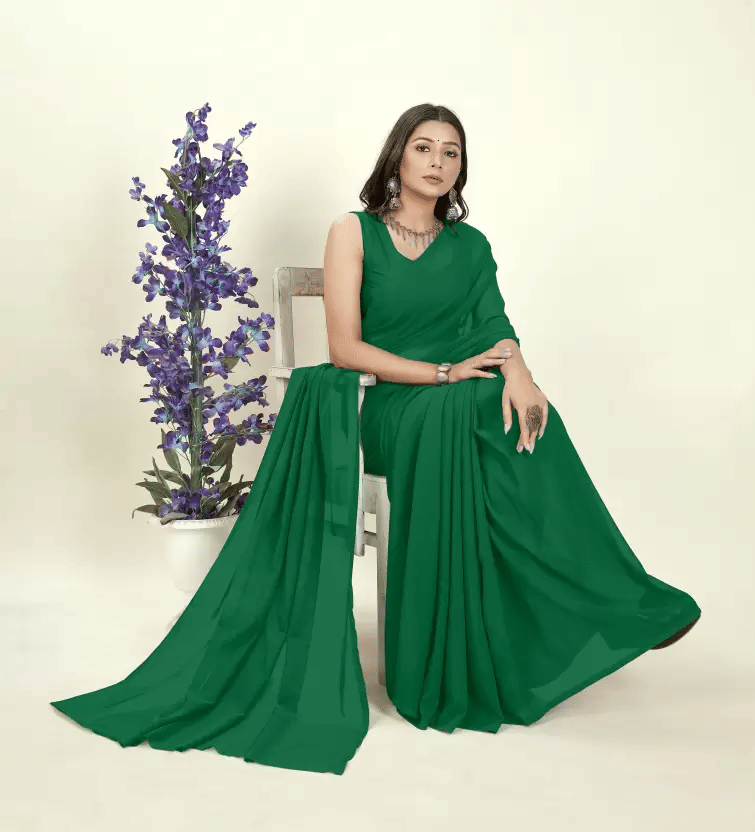 ASTYLOR Georgette Solid Saree Without Blouse Piece ( Green )     			ASTYLOR Georgette Solid Saree Without Blouse Piece ( Green )