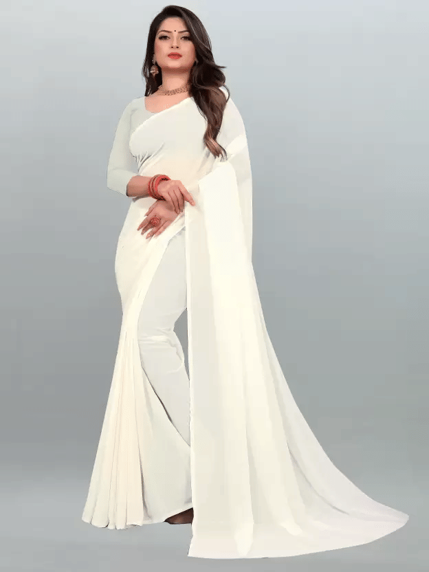 ASTYLOR Georgette Solid Saree Without Blouse Piece ( White ) ASTYLOR Georgette Solid Saree Without Blouse Piece ( White )