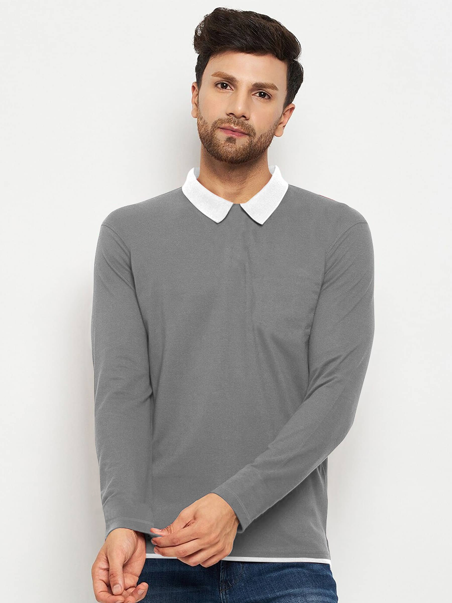 FIRST POSTION Pack of 1 Cotton Blend Regular Fit Solid Full Sleeves Men's Polo T Shirt ( Grey )