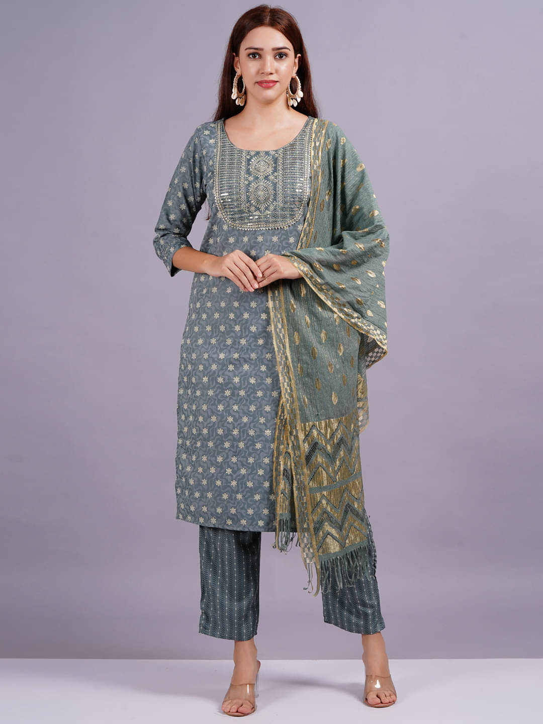 Jyoti Saree Silk Printed Kurti With Pants Women's Stitched Salwar Suit - Grey ( Pack of 1 ) Jyoti Saree Silk Printed Kurti With Pants Women's Stitched Salwar Suit - Grey ( Pack of 1 )