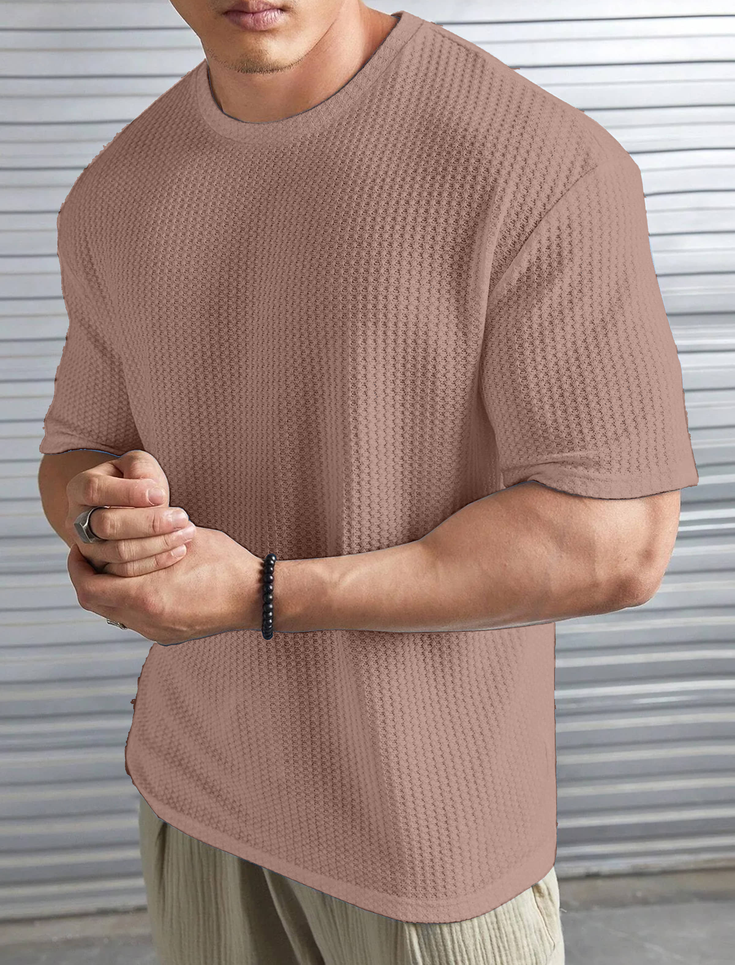 KAJARU Men Polyester Regular Fit Popcorn Textured T-Shirt ( Blue )