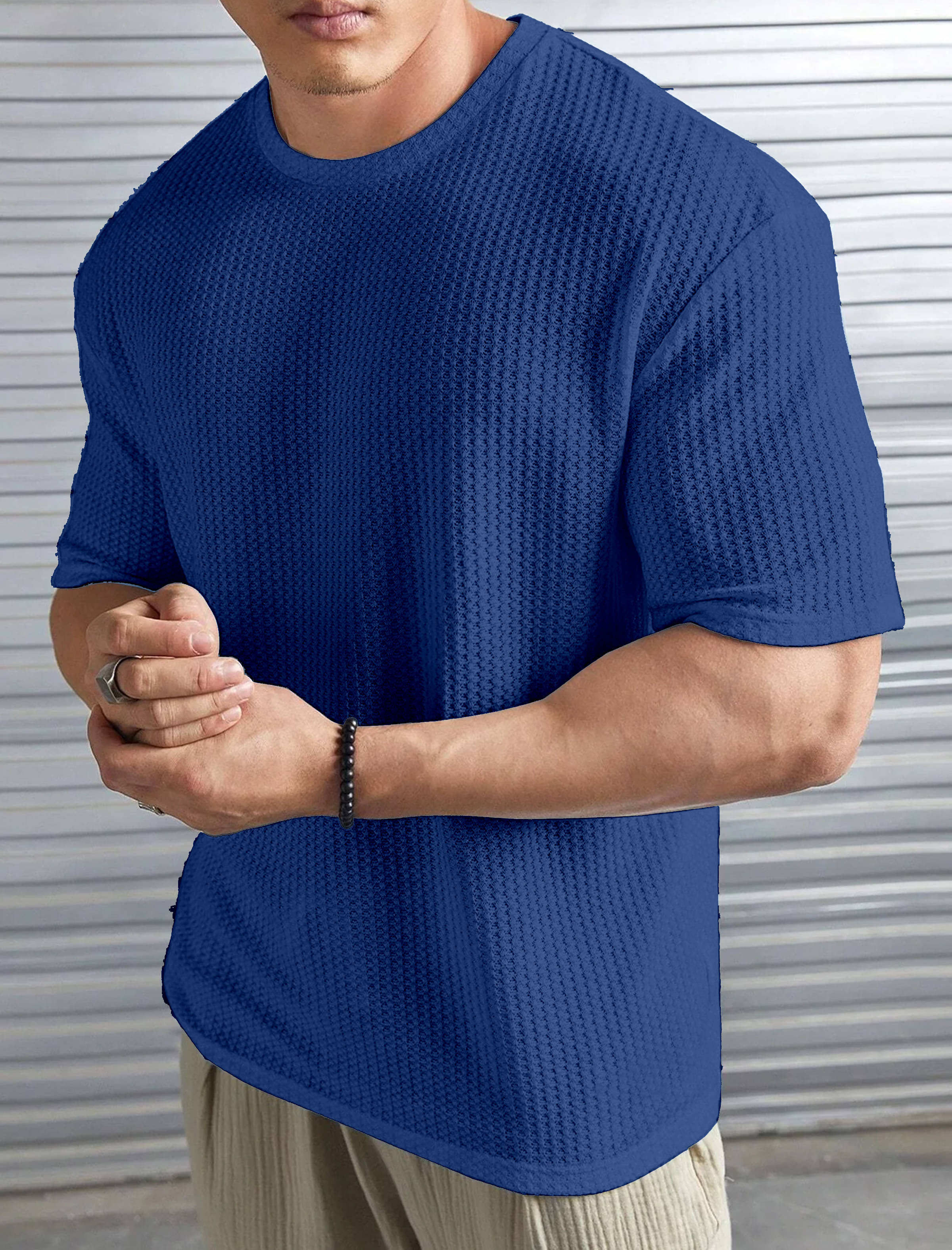     			KAJARU Men Polyester Regular Fit Popcorn Textured T-Shirt ( Blue )