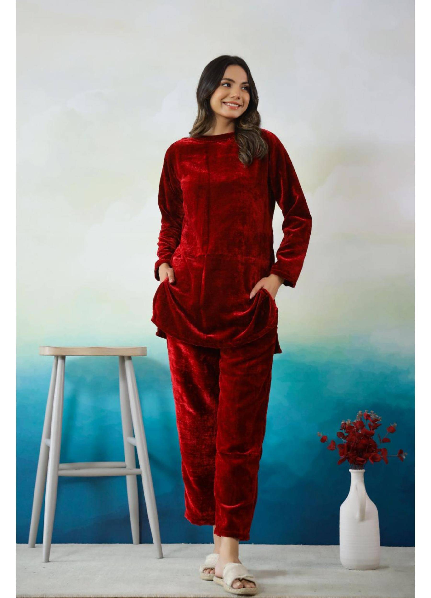     			Label Flavia Women Solid Shirt With Trousers Co-Ord Set ( Maroon )